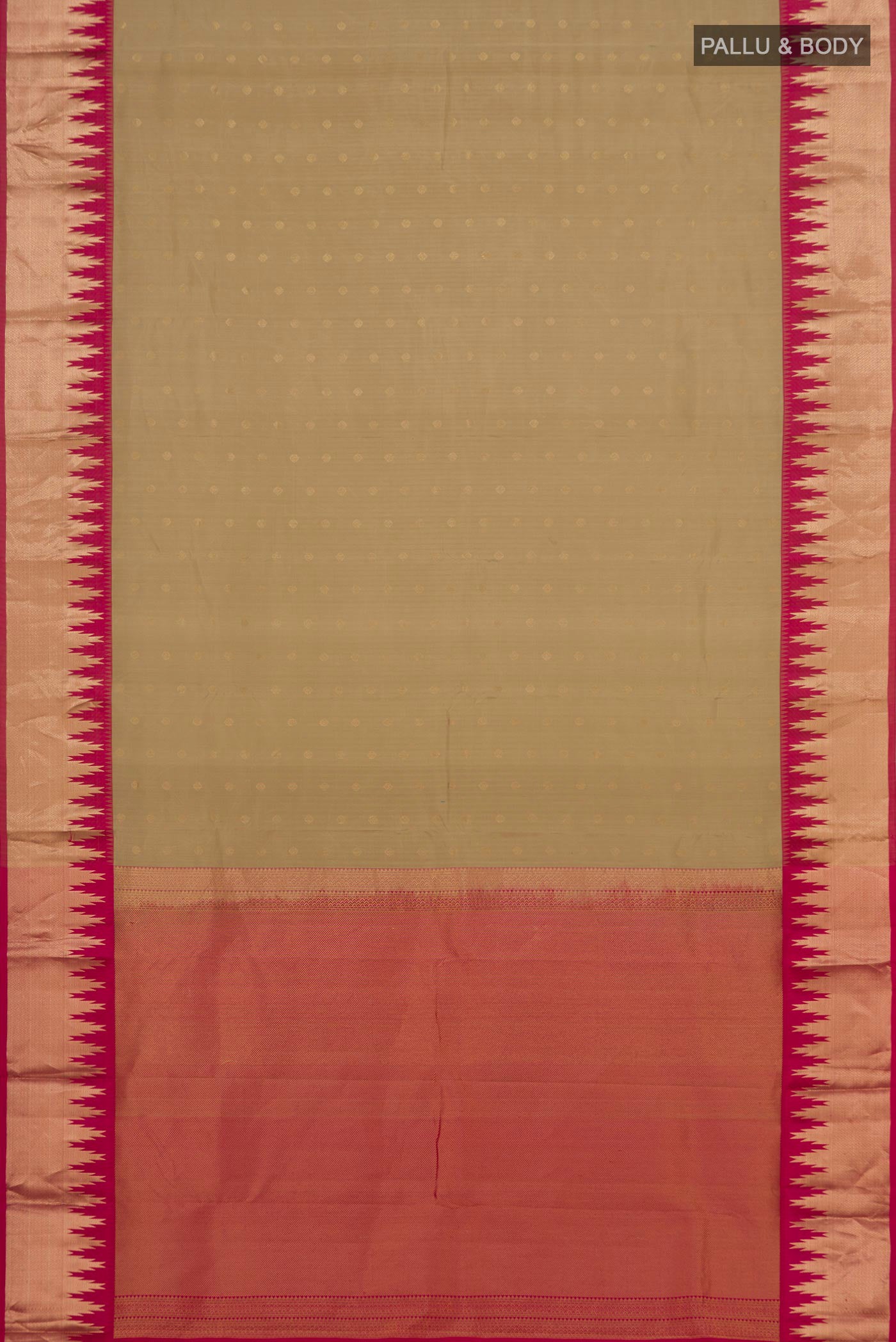 Flat view of Cream Kanchipuram Silk Saree with Zari Butta on the body and Zari Border. 
