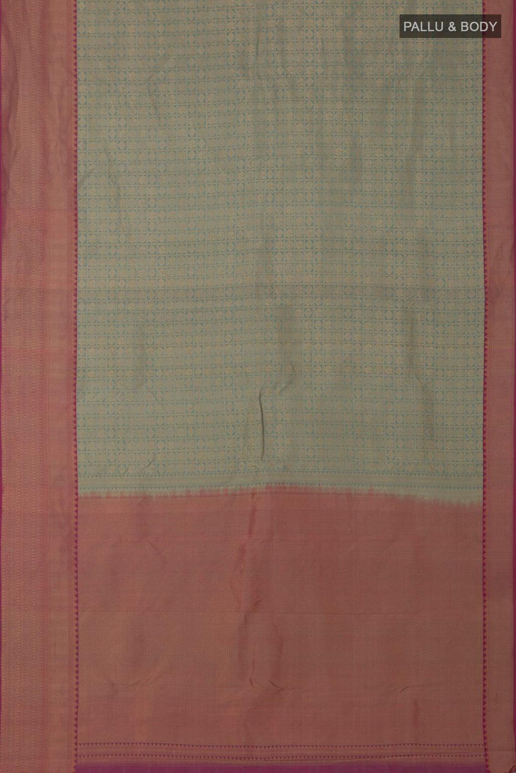 Flat view of Sage Green Kanchipuram Silk Saree with Zari Brocade on the body and Zari Border. 