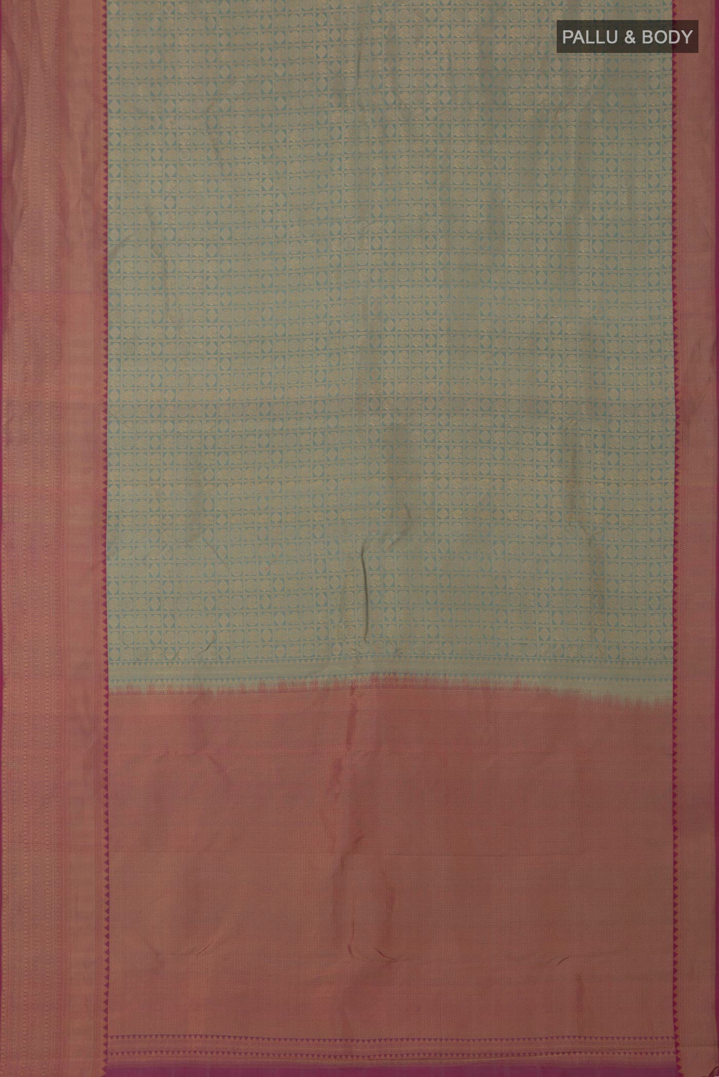 Flat view of Sage Green Kanchipuram Silk Saree with Zari Brocade on the body and Zari Border. 
