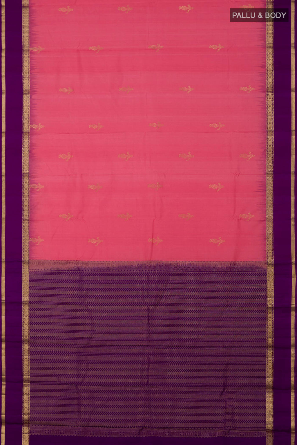 Flat view of Pink Kanchipuram Silk Saree with Zari Butta on the body and Zari Border. 