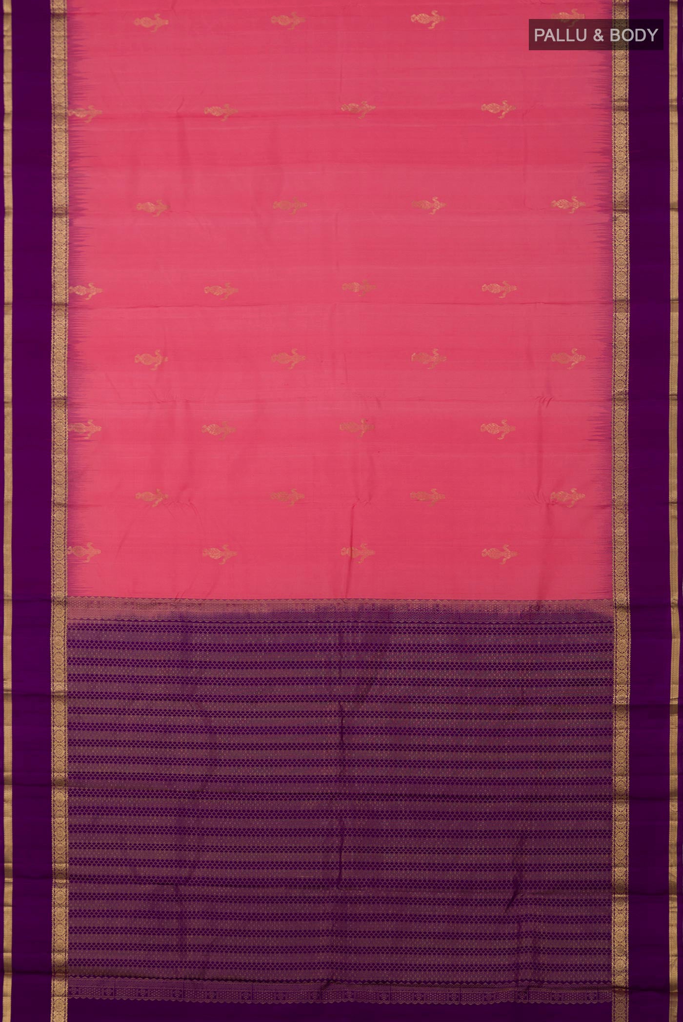 Flat view of Pink Kanchipuram Silk Saree with Zari Butta on the body and Zari Border. 