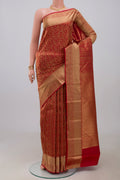 Red Kanjivaram Silk Saree with Zari Brocade on the body and Zari Border.  displayed on a mannequin