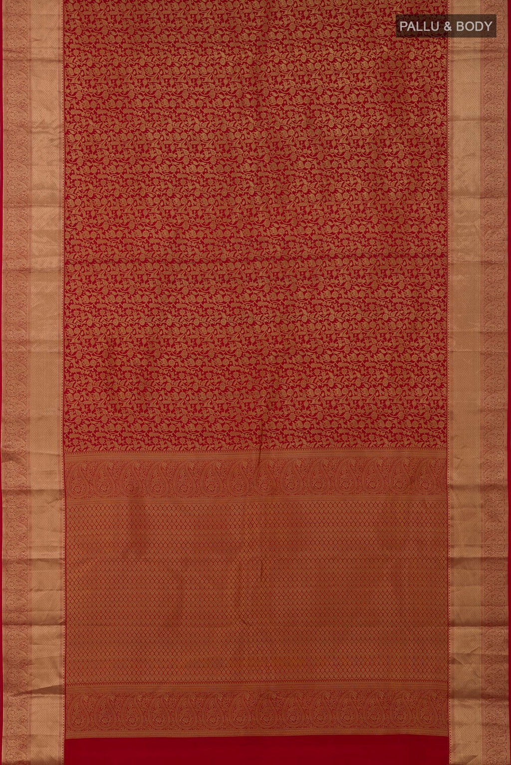 Flat view of Red Kanjivaram Silk Saree with Zari Brocade on the body and Zari Border. 