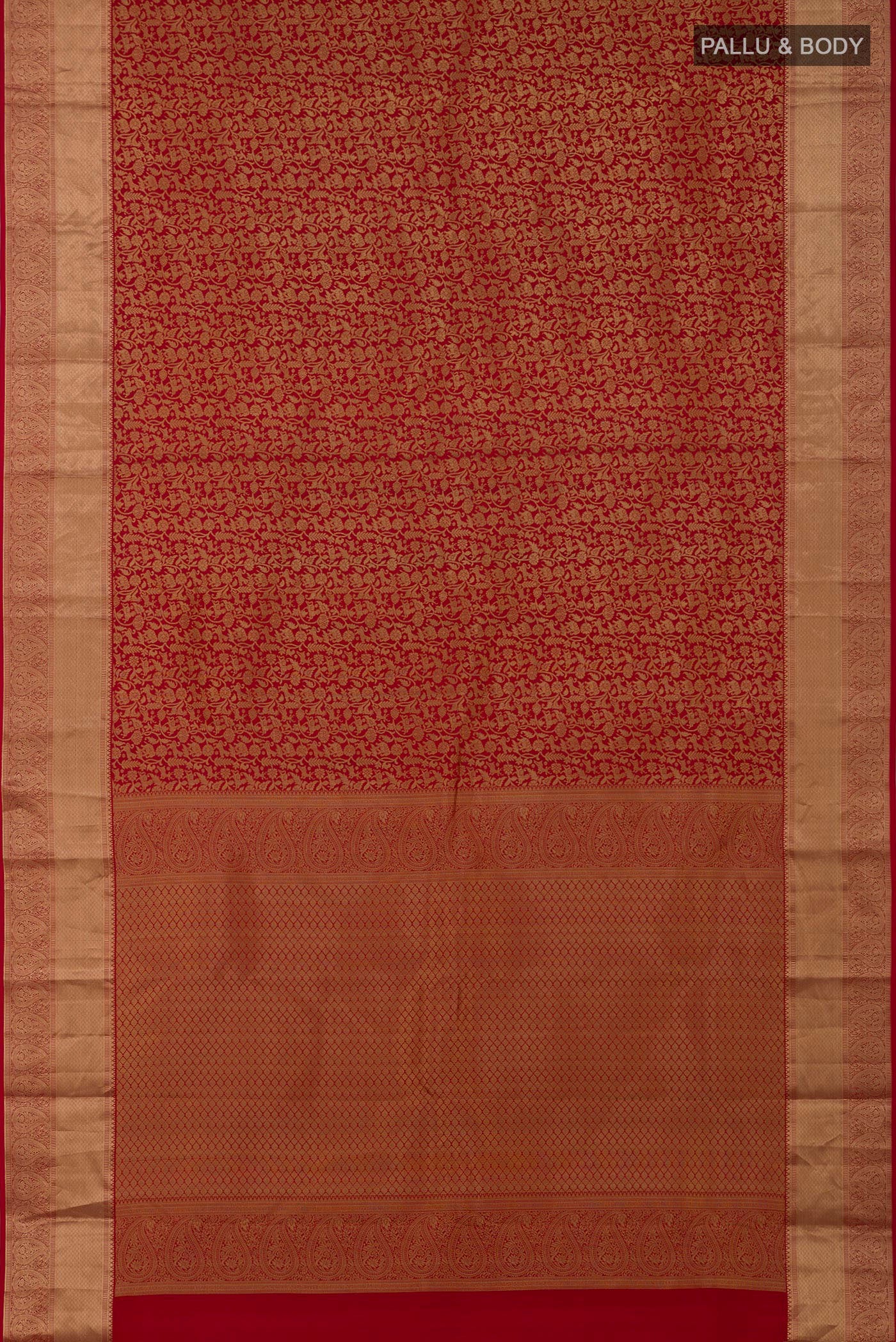 Flat view of Red Kanjivaram Silk Saree with Zari Brocade on the body and Zari Border. 