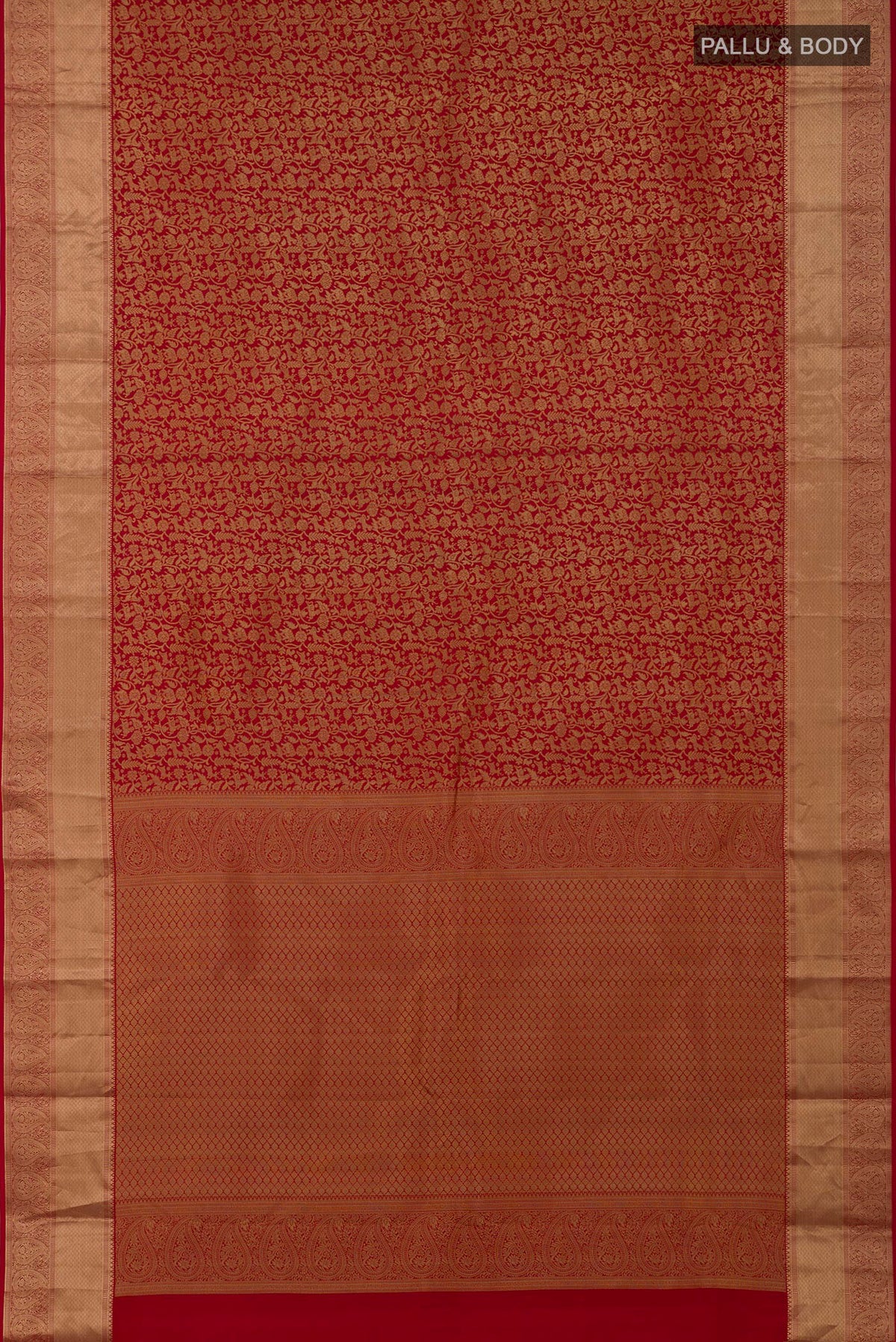 Flat view of Red Kanjivaram Silk Saree with Zari Brocade on the body and Zari Border. 