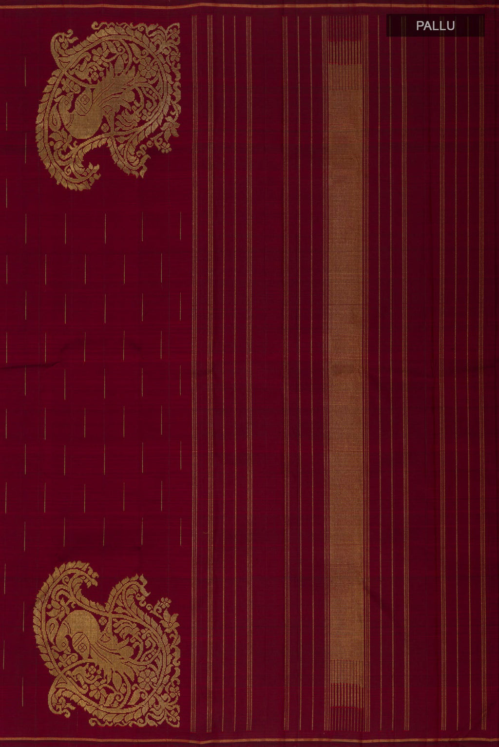 Close up image of the pallu of Maroon Kanjivaram Silk Saree with Fancy on the body and Thin Zari Line. 