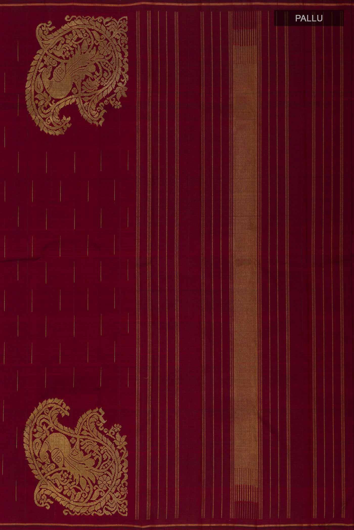Close up image of the pallu of Maroon Kanjivaram Silk Saree with Fancy on the body and Thin Zari Line. 