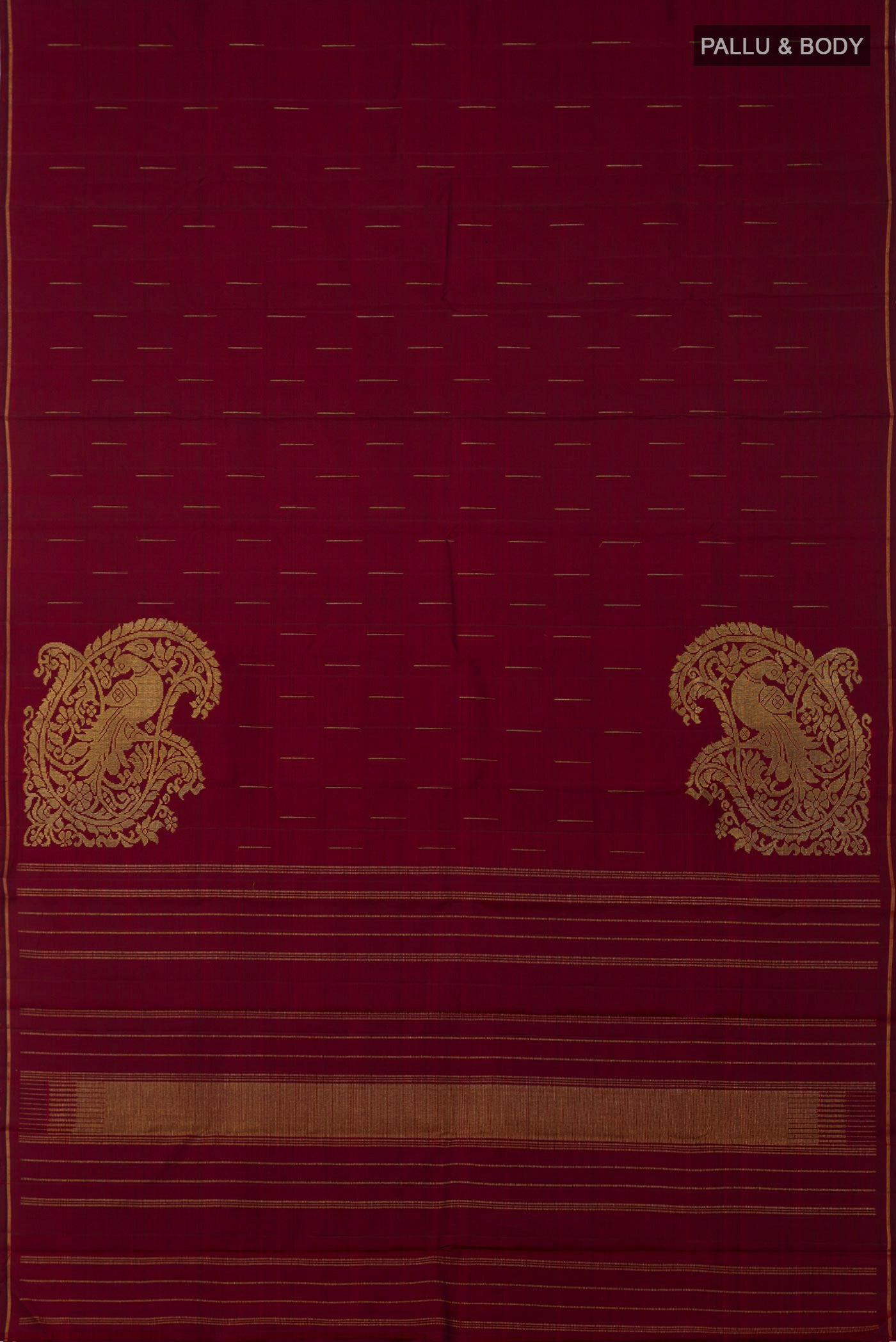 Flat view of Maroon Kanjivaram Silk Saree with Fancy on the body and Thin Zari Line. 