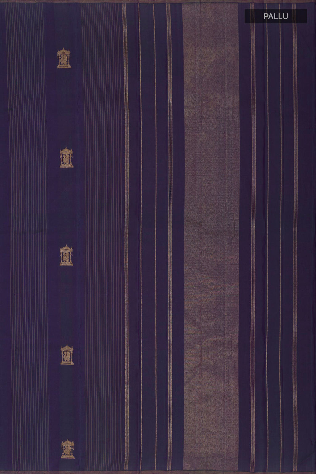 Close up image of the pallu of Pure Silk Pure Zari Purple Kanjivaram Saree with Zari Butta on the body and Thin Zari Line. 