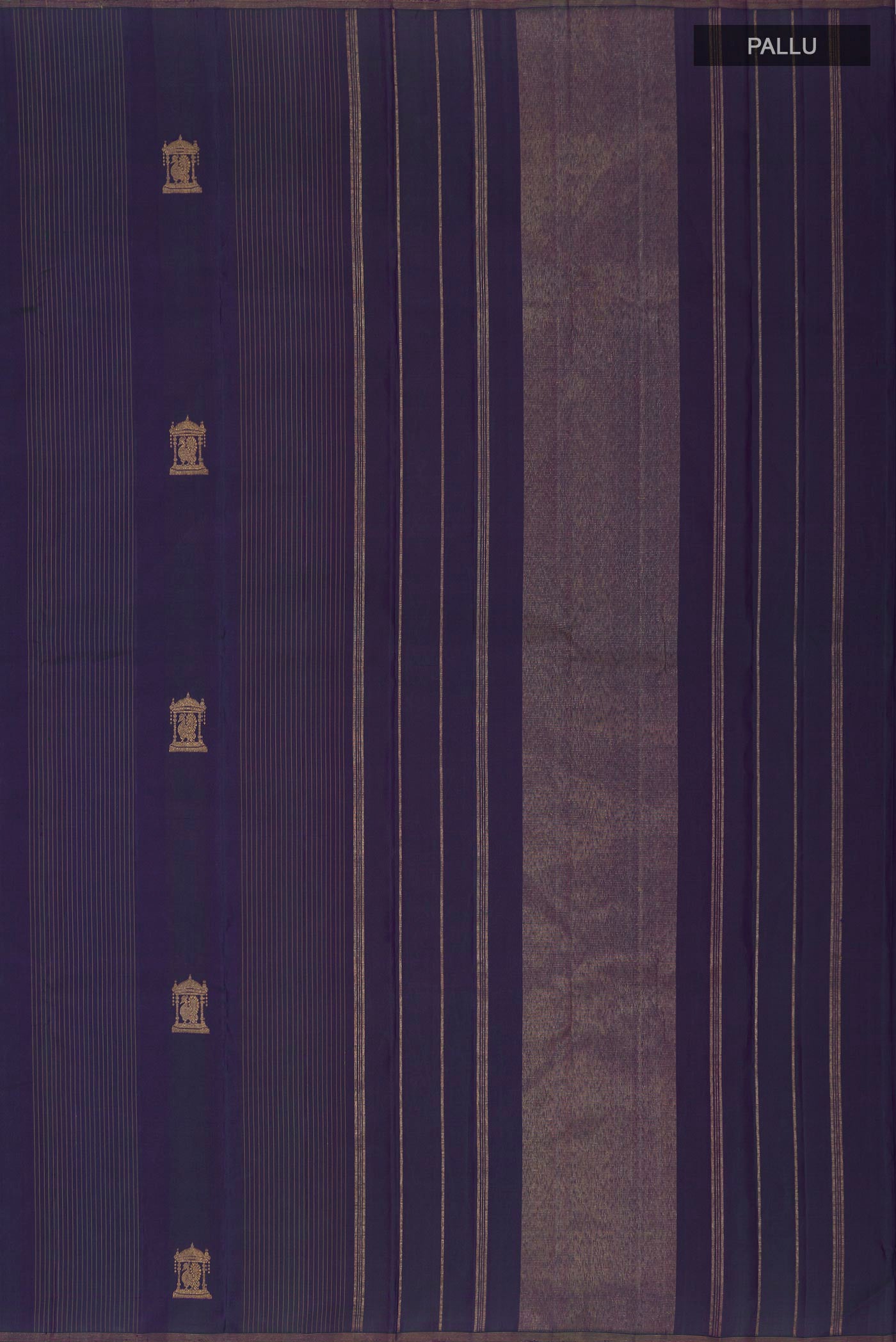 Close up image of the pallu of Pure Silk Pure Zari Purple Kanjivaram Saree with Zari Butta on the body and Thin Zari Line. 