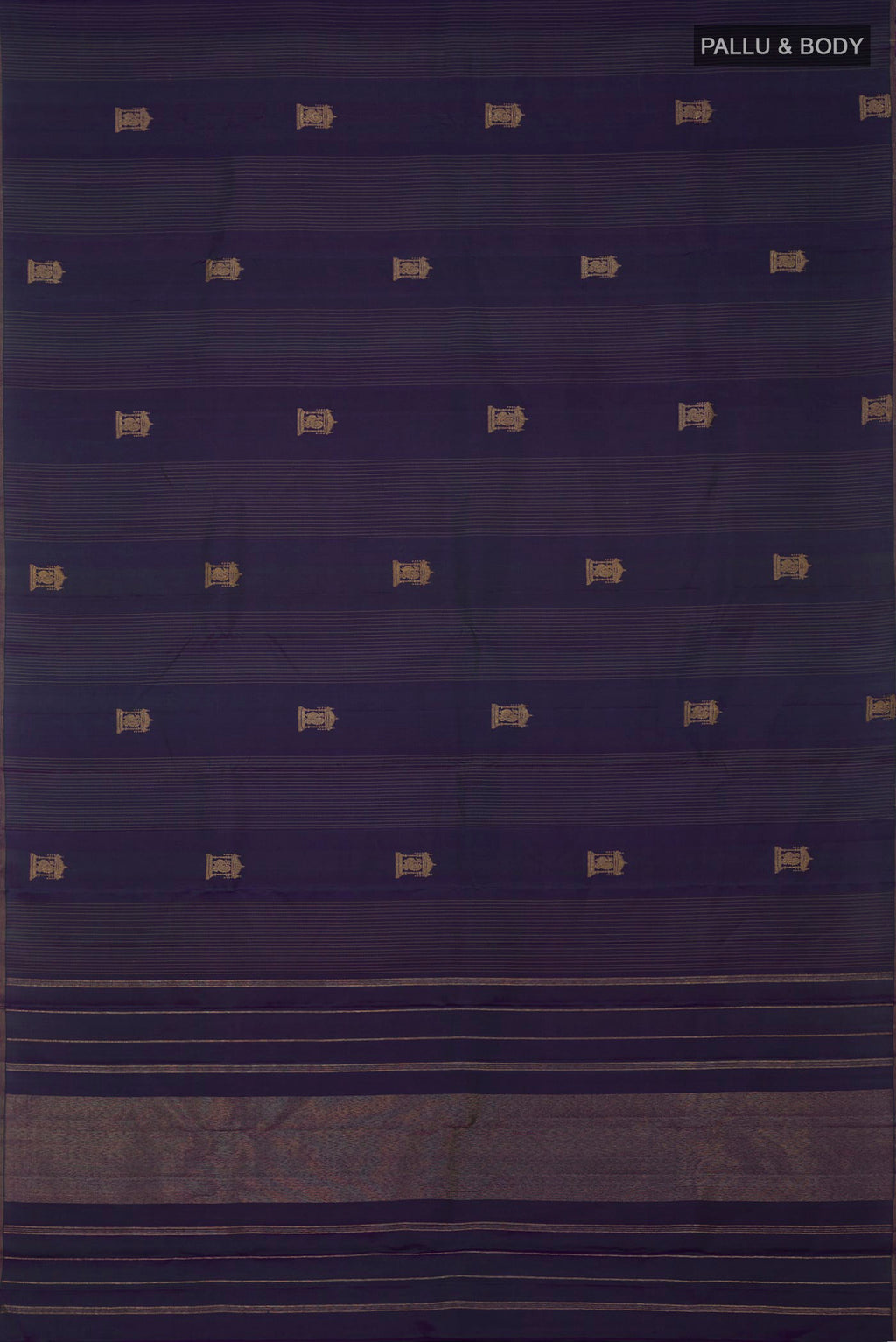 Flat view of Pure Silk Pure Zari Purple Kanjivaram Saree with Zari Butta on the body and Thin Zari Line. 