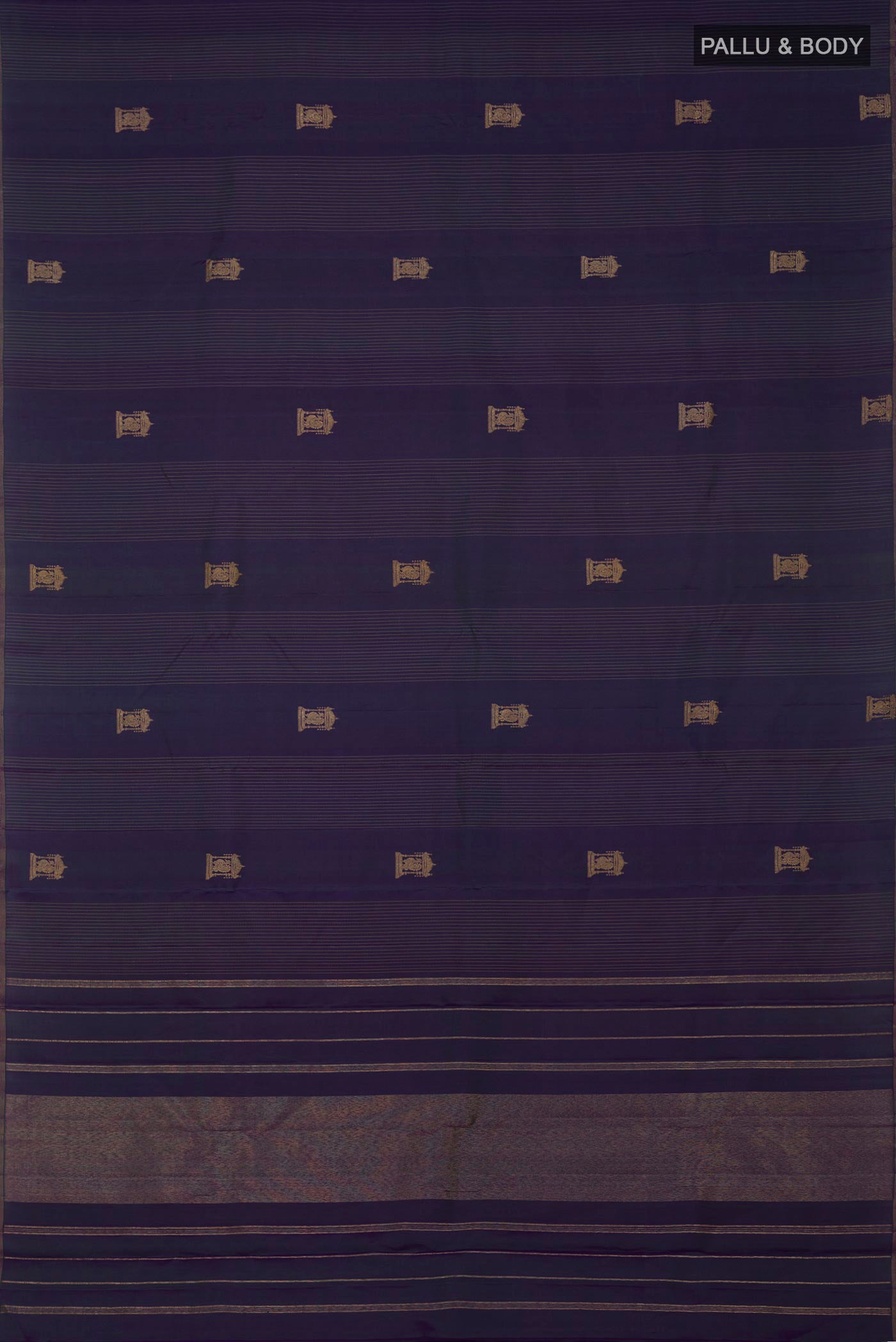 Flat view of Pure Silk Pure Zari Purple Kanjivaram Saree with Zari Butta on the body and Thin Zari Line. 