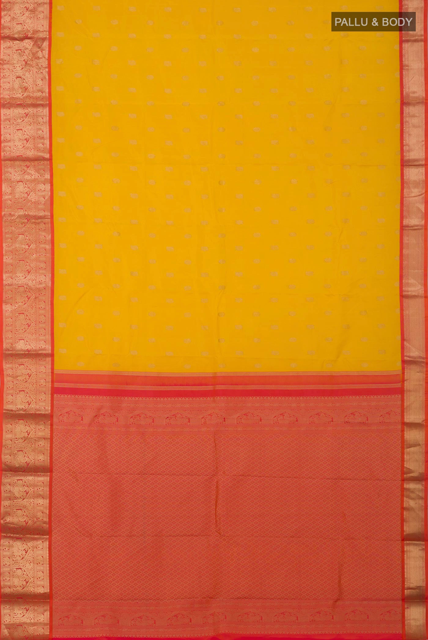 Flat view of Yellow Kanchipuram Silk Saree with Zari Butta on the body and Zari Border. 