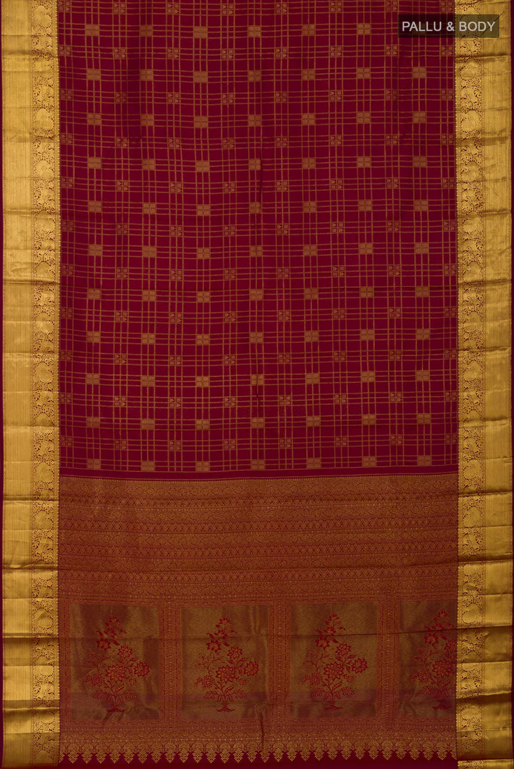 Flat view of Maroon Kanchipuram Saree with Zari Brocade on the body and Zari Border. 