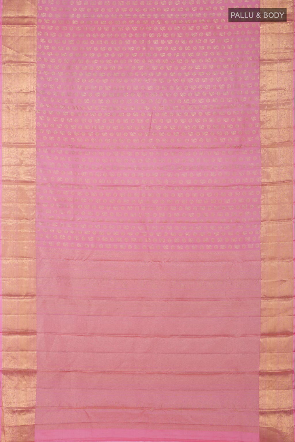 Flat view of Pink Kanchipuram Silk Saree with Zari Butta on the body and Zari Border. 
