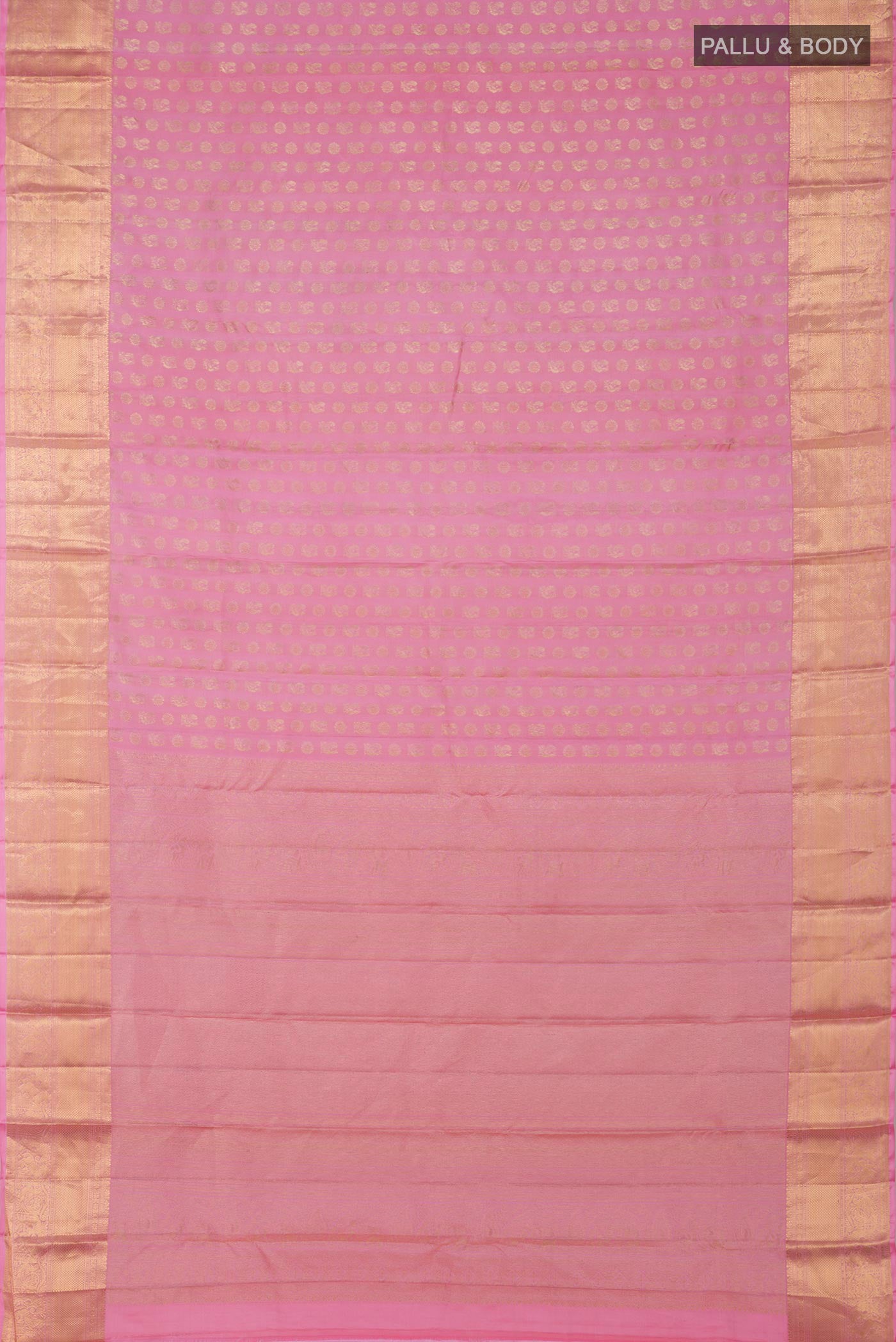 Flat view of Pink Kanchipuram Silk Saree with Zari Butta on the body and Zari Border. 