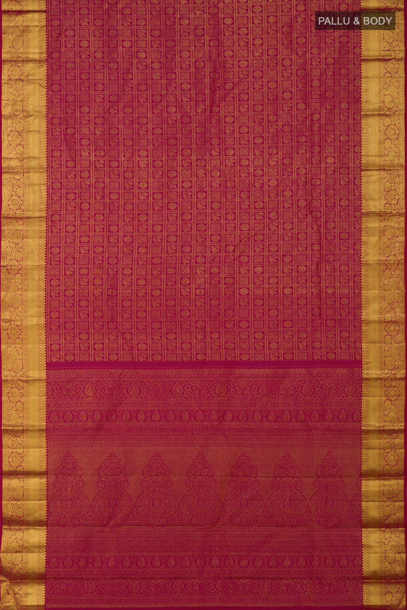 Flat view of Pink Kanchipuram Silk Saree with Zari Brocade on the body and Zari Border. 