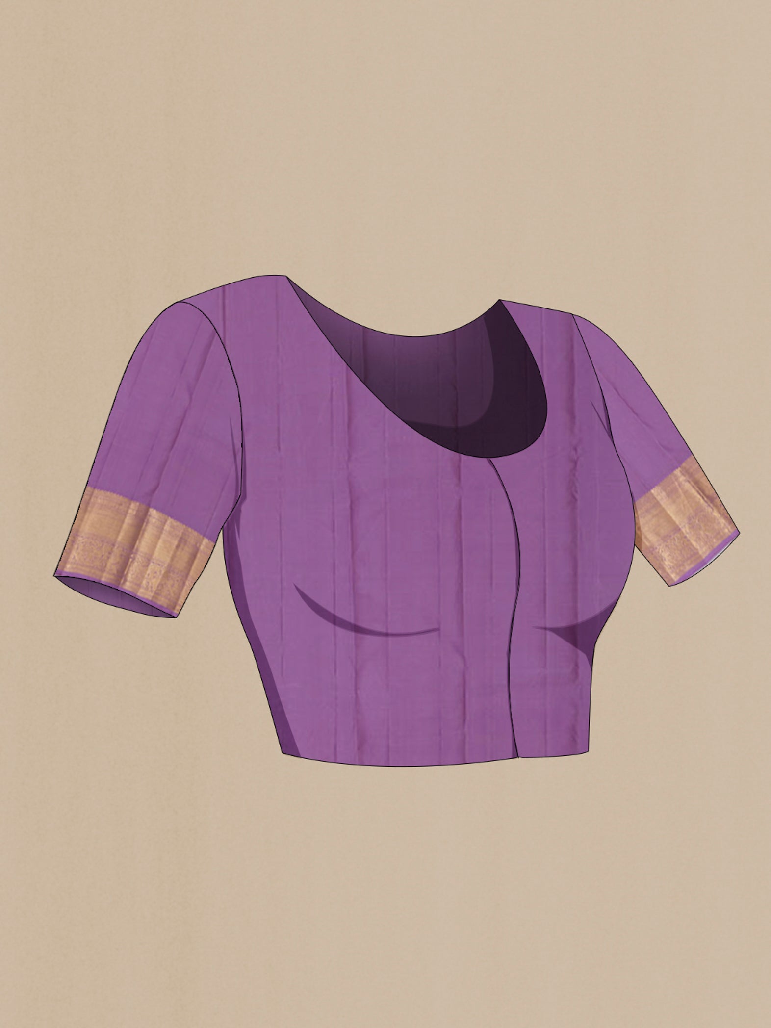 Close up image of the blouse of Lavender Kanchipuram Saree with Zari Butta on the body and Zari Border. 