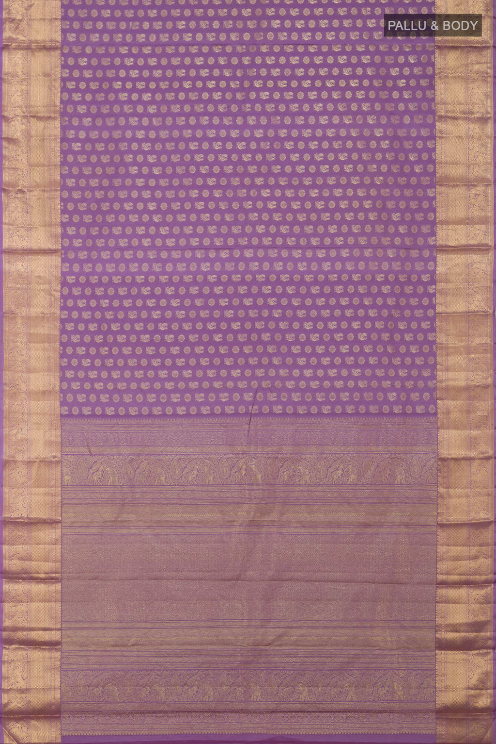 Flat view of Lavender Kanchipuram Saree with Zari Butta on the body and Zari Border. 