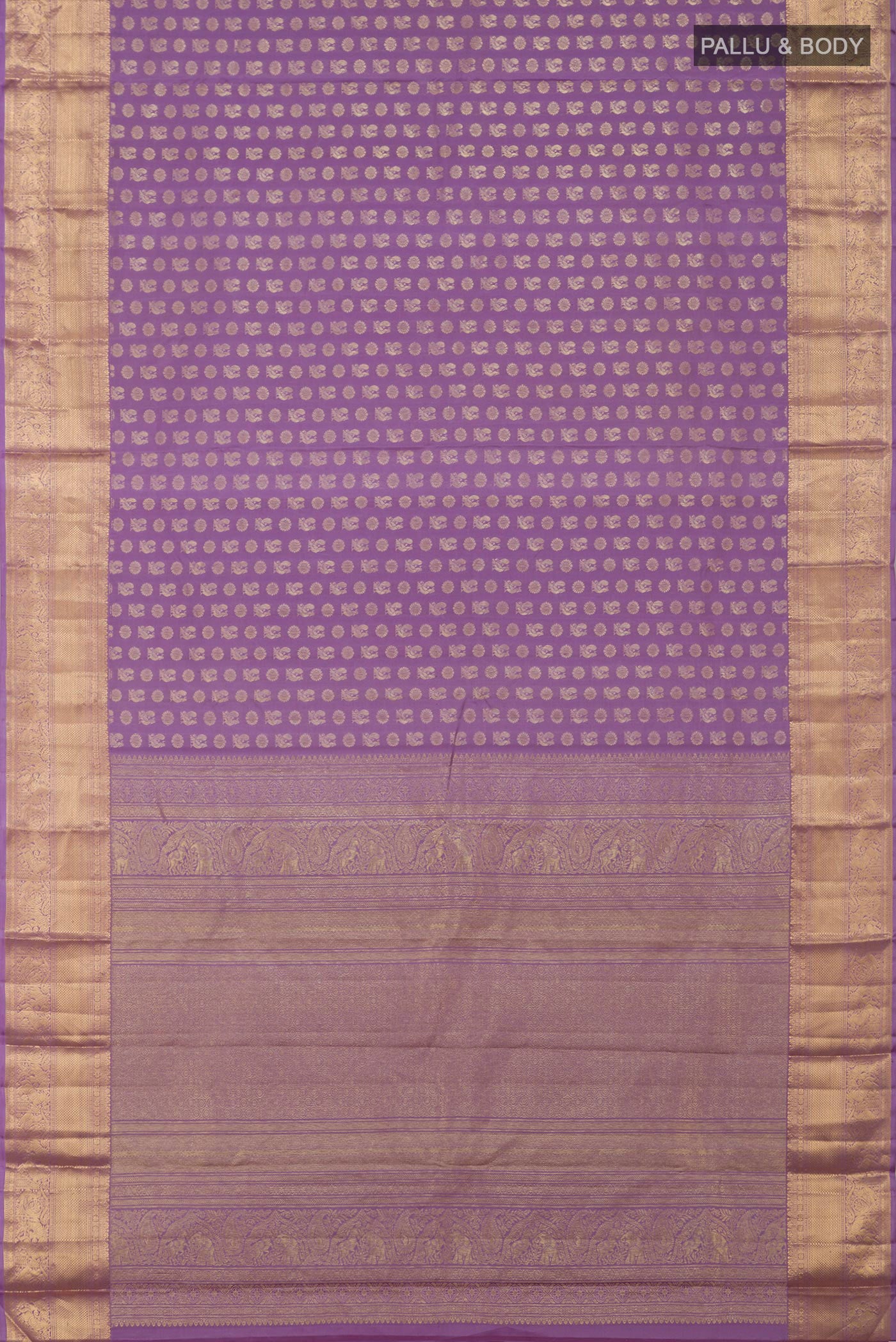 Flat view of Lavender Kanchipuram Saree with Zari Butta on the body and Zari Border. 