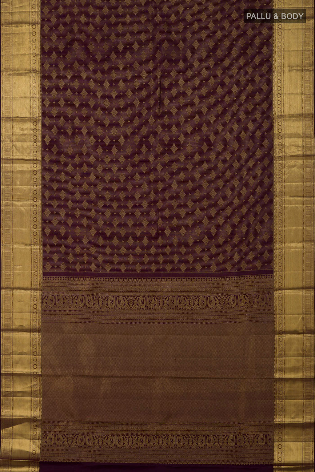 Flat view of Purple Kanchipuram Silk Saree with Zari Brocade on the body and Zari Border. 