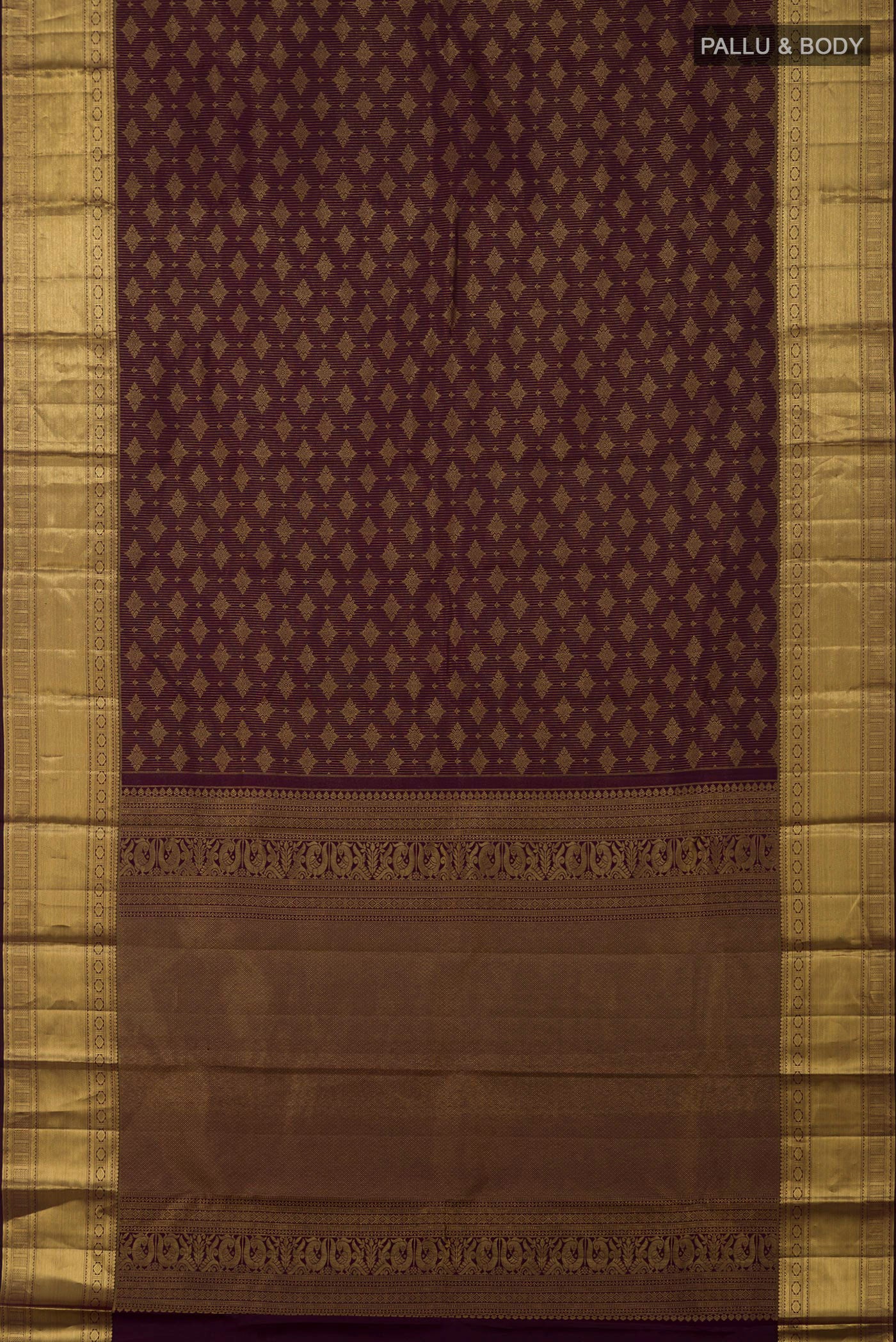 Flat view of Purple Kanchipuram Silk Saree with Zari Brocade on the body and Zari Border. 