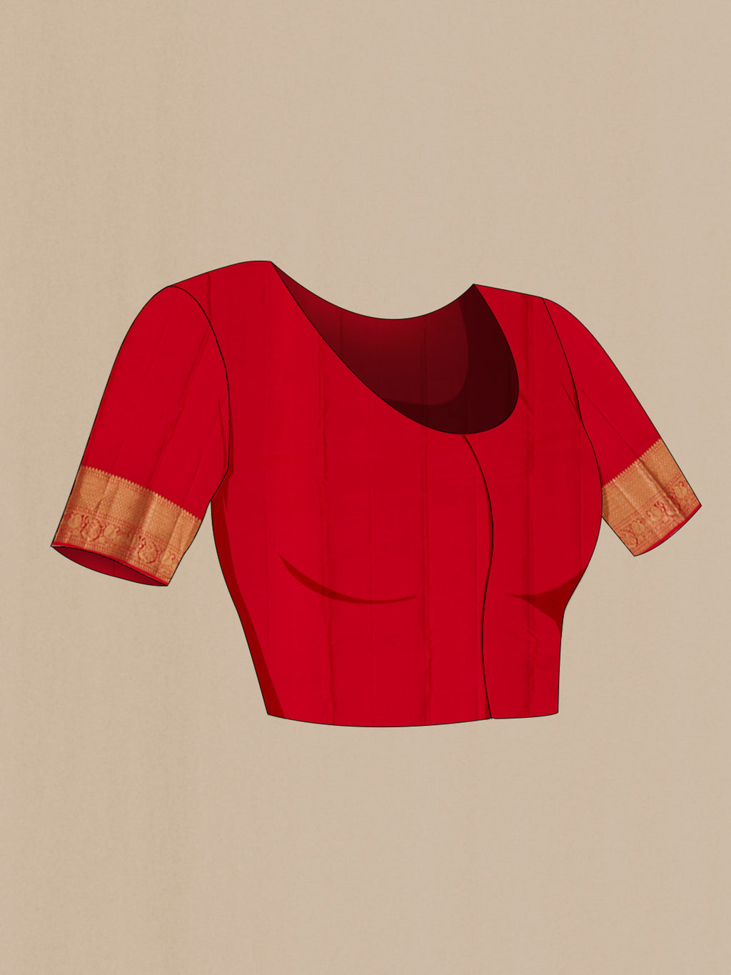 Close up image of the blouse of Red Kanchipuram Silk Saree with Zari Butta on the body and Zari Border. 