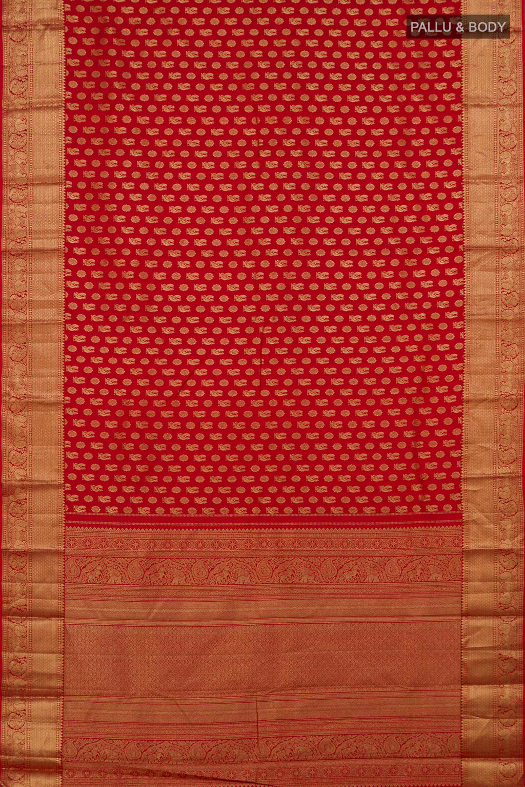 Flat view of Red Kanchipuram Silk Saree with Zari Butta on the body and Zari Border. 