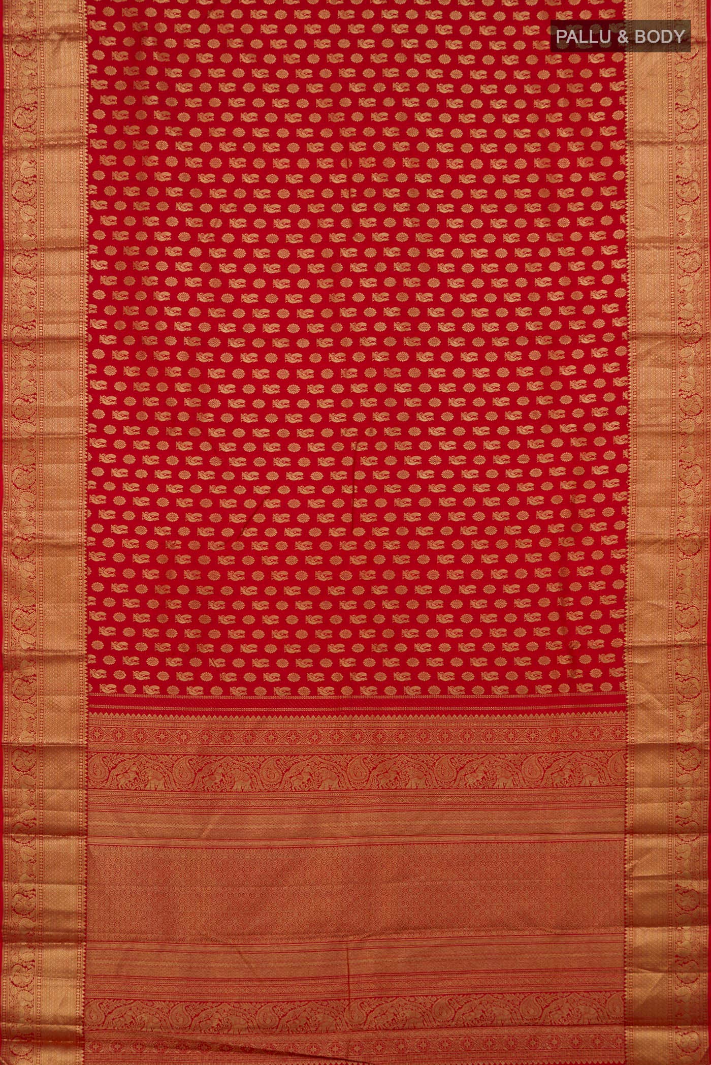 Flat view of Red Kanchipuram Silk Saree with Zari Butta on the body and Zari Border. 