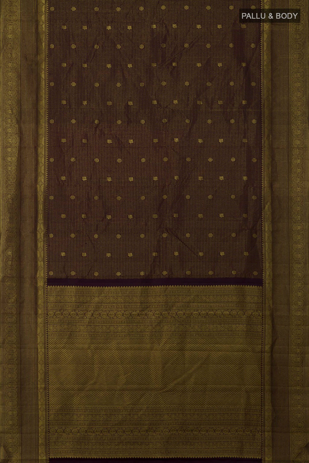 Flat view of Purple Kanchipuram Silk Saree with Checked design on the body and Fancy Border. 