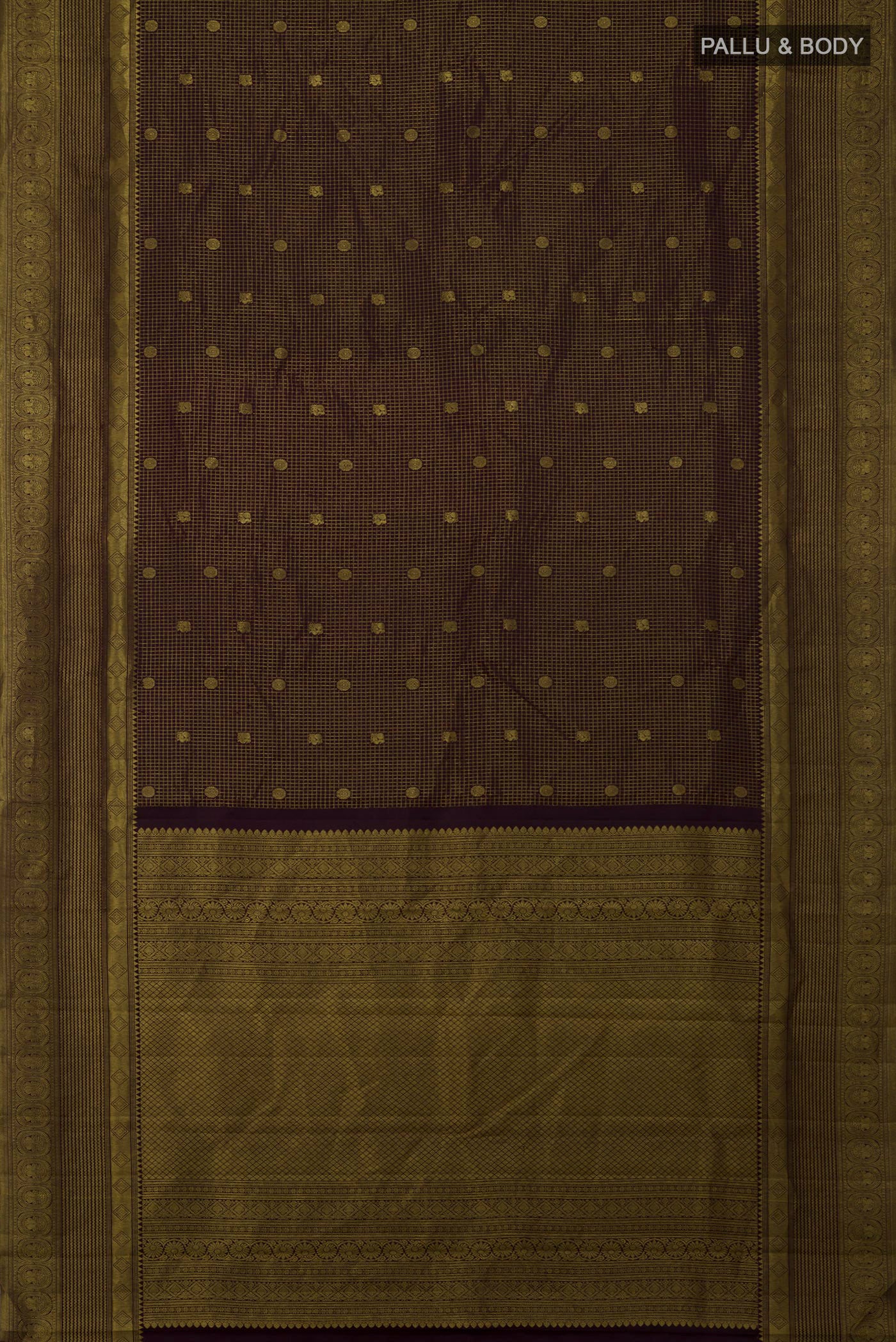 Flat view of Purple Kanchipuram Silk Saree with Checked design on the body and Fancy Border. 