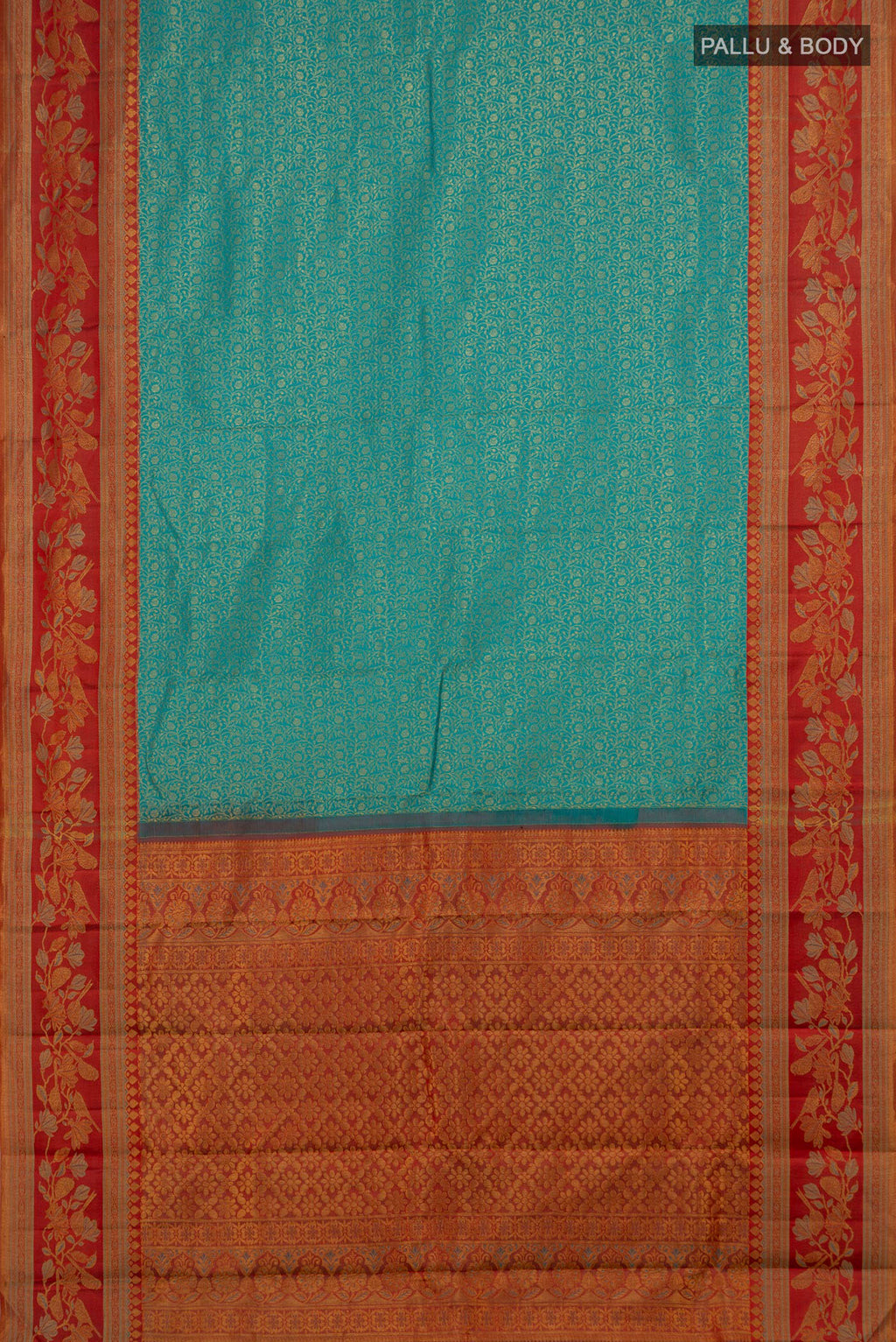 Flat view of Blue Kanchipuram Silk Saree with Zari Brocade on the body and Zari Border. 