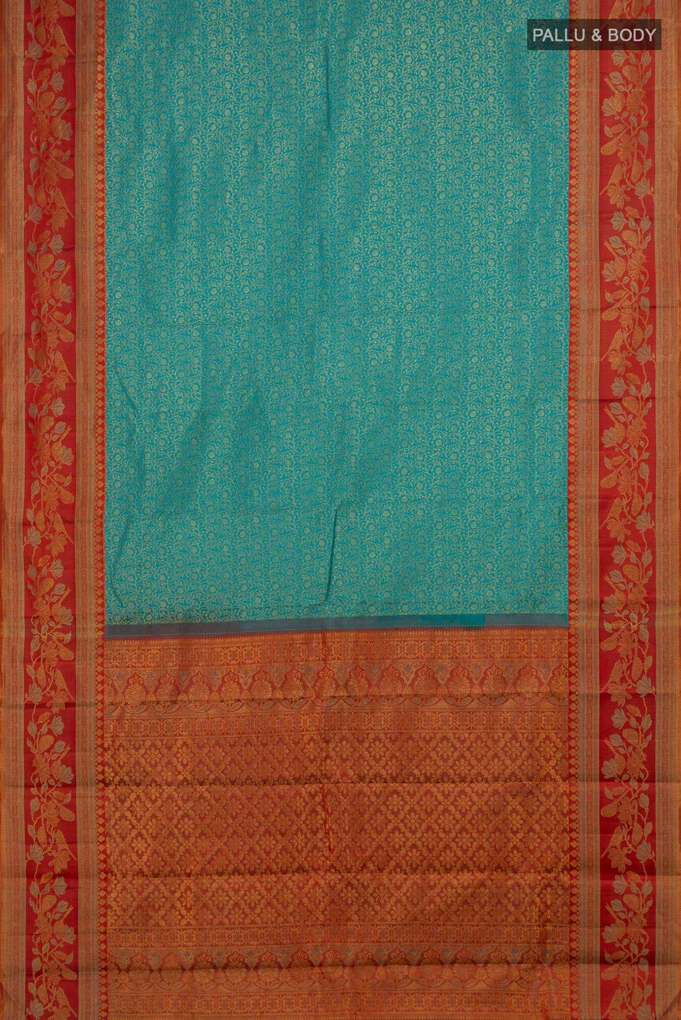 Flat view of Blue Kanchipuram Silk Saree with Zari Brocade on the body and Zari Border. 