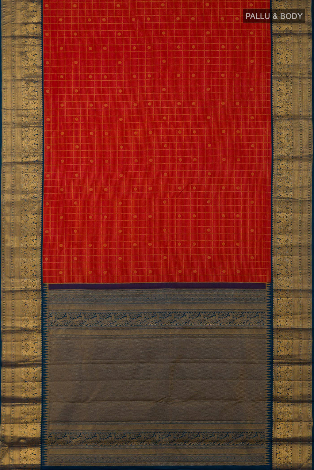 Flat view of Red Kanjivaram Saree with Zari Brocade on the body and Zari Border. 