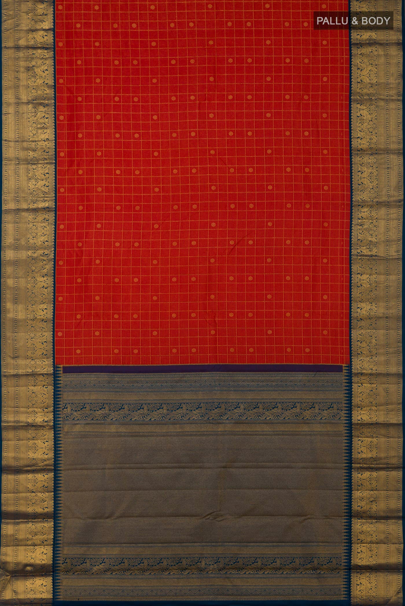 Flat view of Red Kanjivaram Saree with Zari Brocade on the body and Zari Border. 