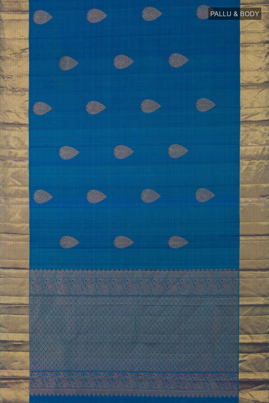 Flat view of Blue Kanchipuram Silk Saree with Zari Butta on the body and Zari Border. 