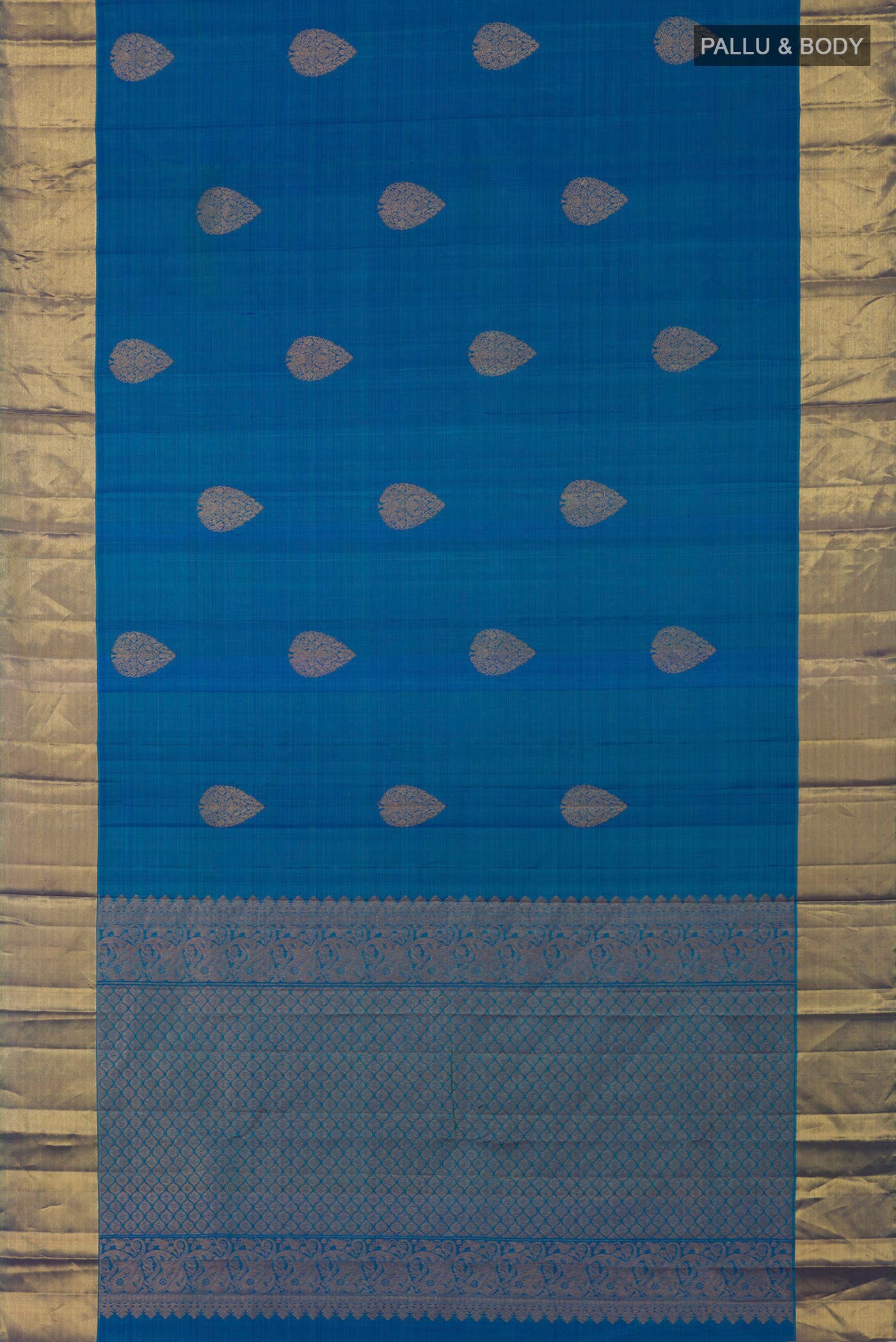Flat view of Blue Kanchipuram Silk Saree with Zari Butta on the body and Zari Border. 