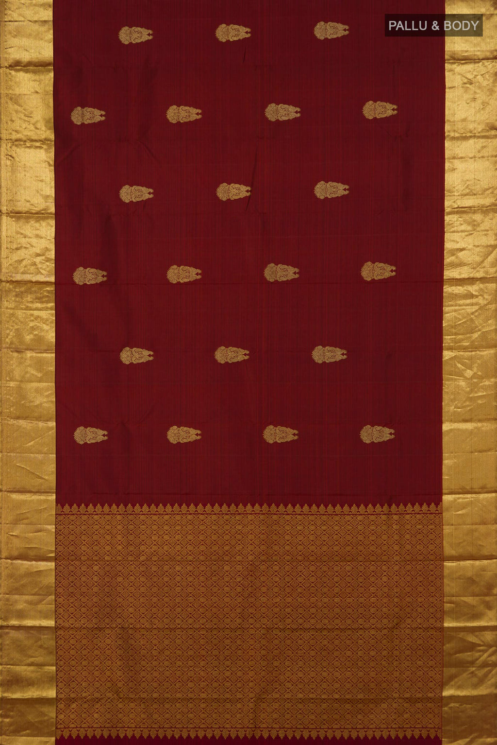Flat view of Pure Silk Maroon Kanchipuram Saree with Zari Butta on the body and Zari Border. 