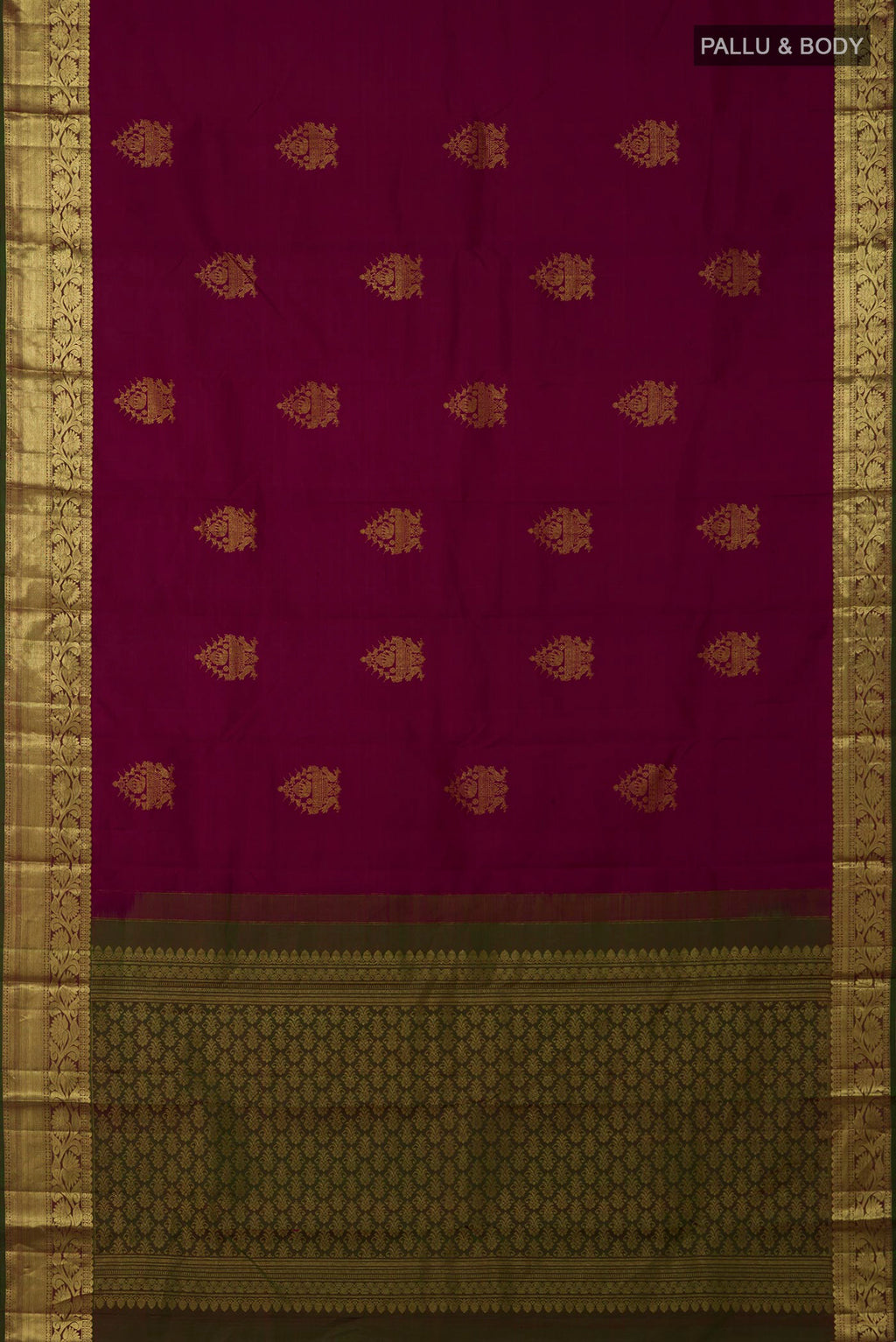 Flat view of Magenta Kanchipuram Silk Saree with Zari Butta on the body and Zari Border. 