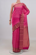 Pure Silk Pink Kanchipuram Saree with Veldhari on the body and Zari Border.  displayed on a mannequin