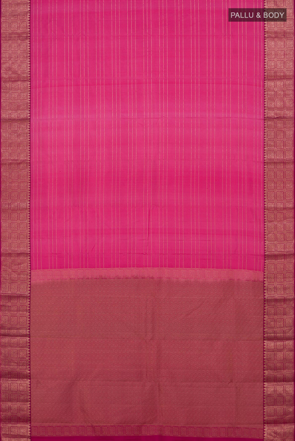 Flat view of Pure Silk Pink Kanchipuram Saree with Veldhari on the body and Zari Border. 