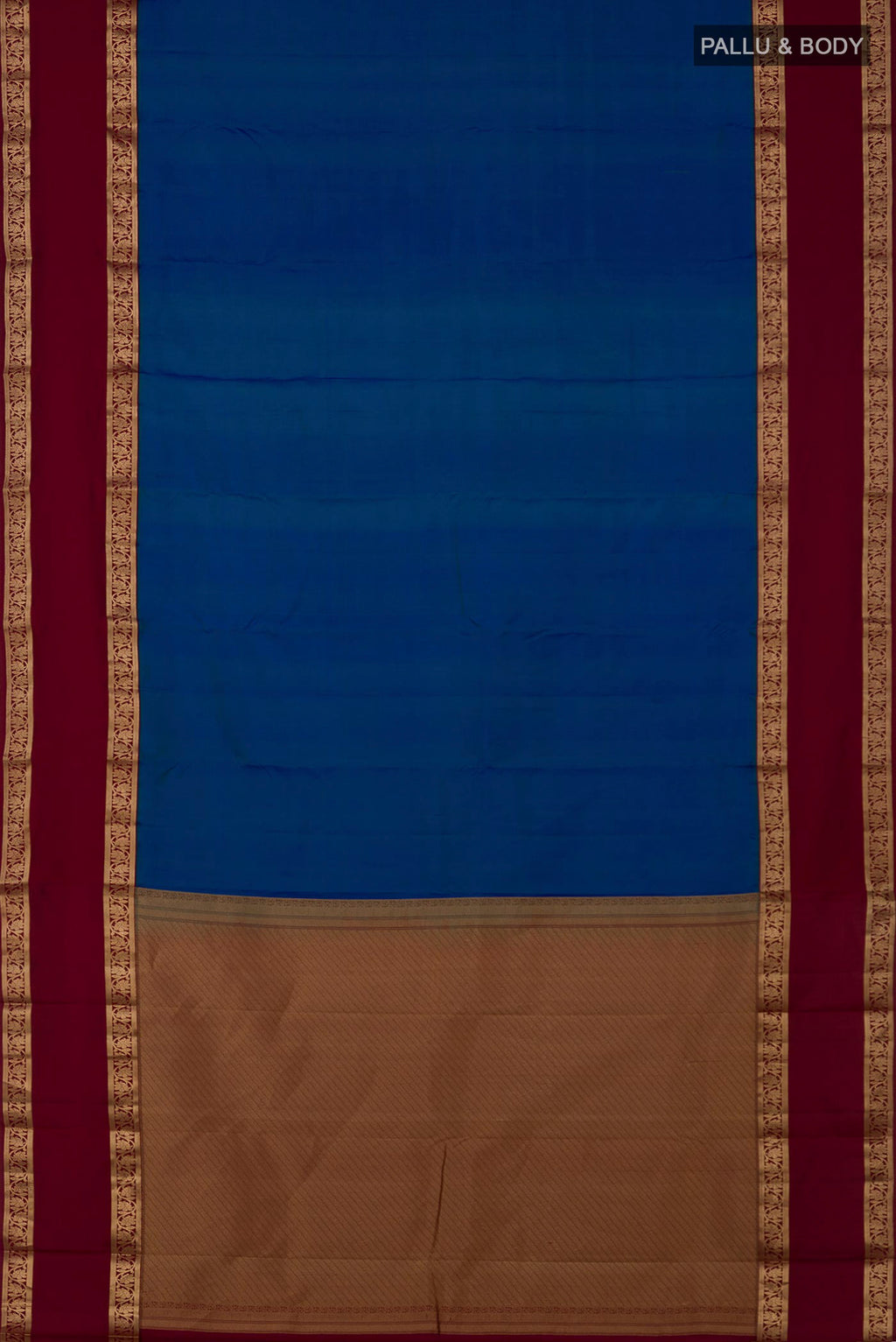 Flat view of Blue Kanchipuram Saree with Plain Body and Zari Border. 