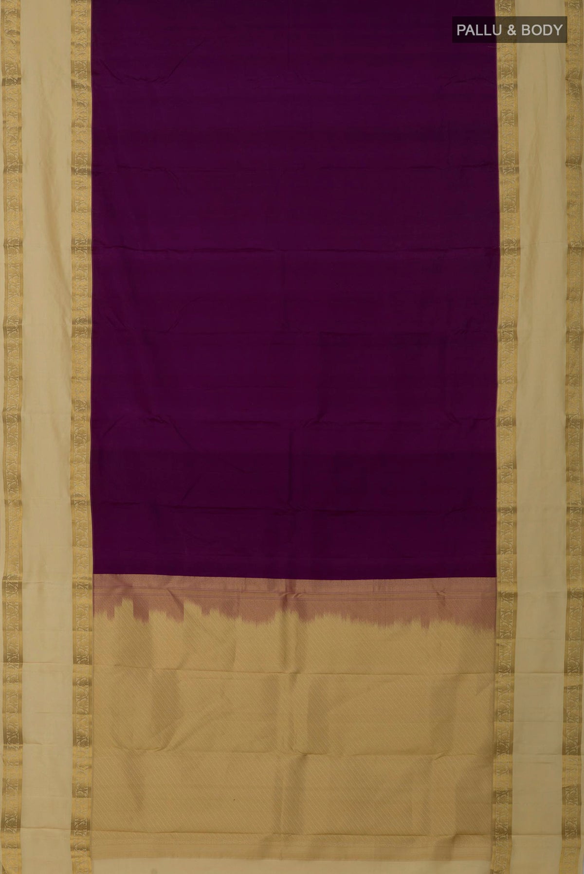 Flat view of Purple Kanchipuram Silk Saree with Plain Body and Zari Border. 