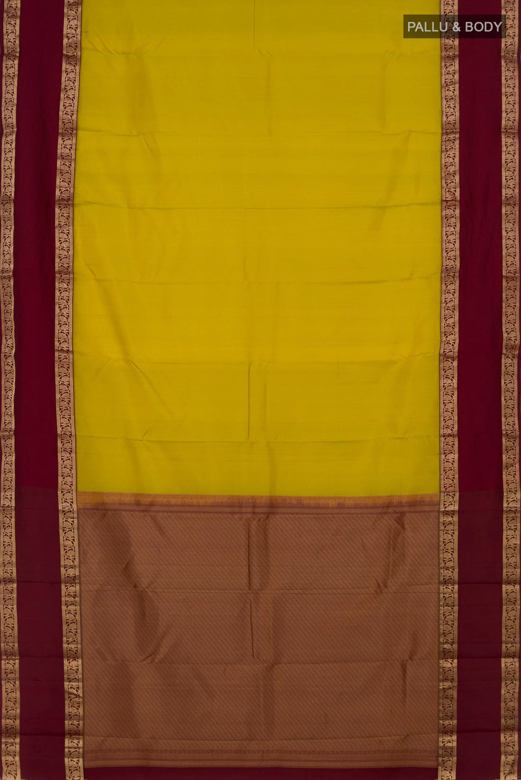 Flat view of Pure Silk Yellow Kanchipuram Saree with Plain Body and Zari Border. 