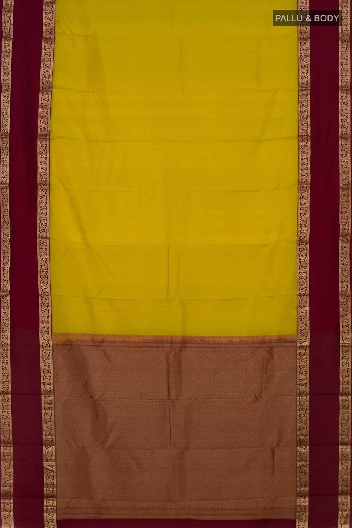 Flat view of Pure Silk Yellow Kanchipuram Saree with Plain Body and Zari Border. 