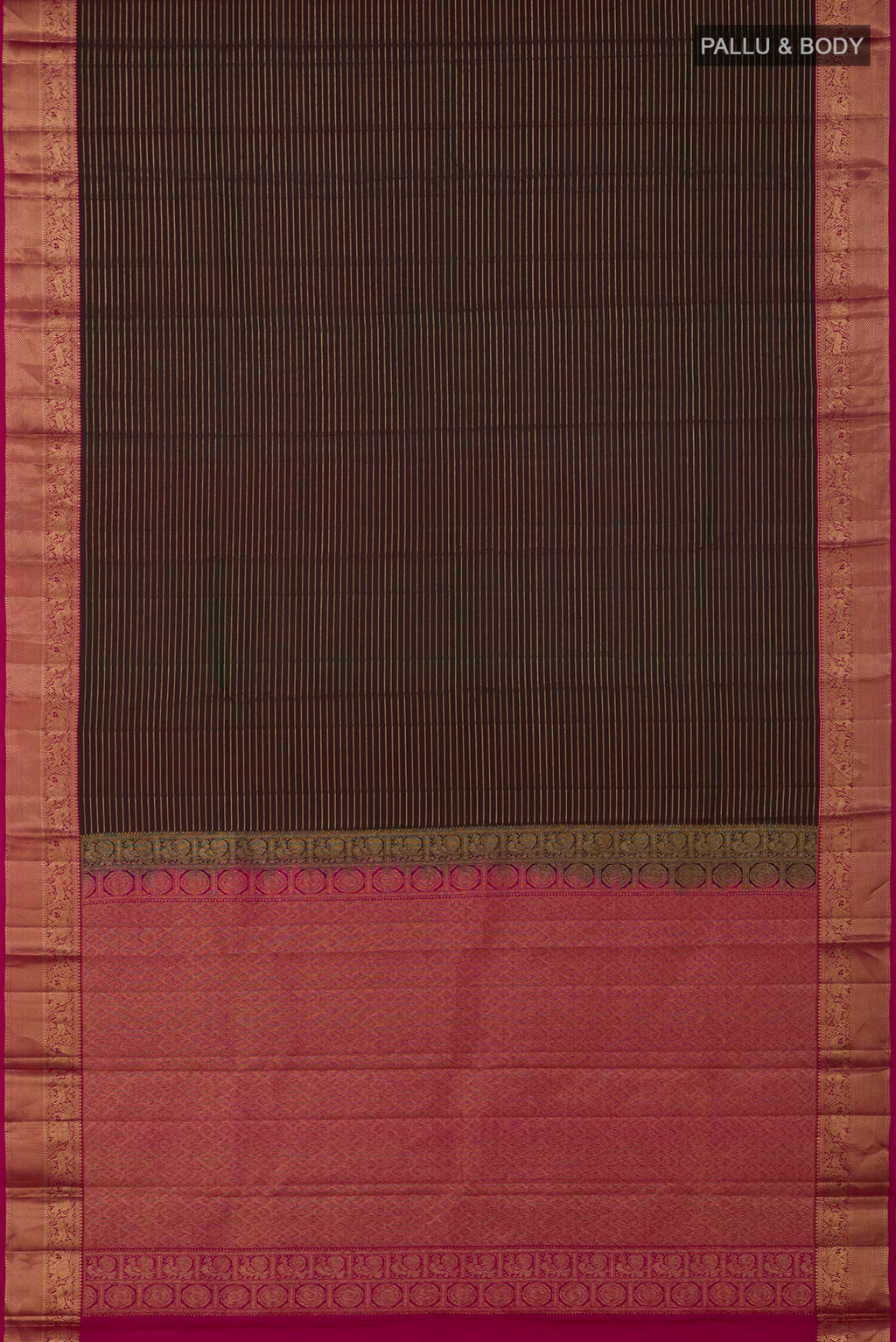 Flat view of Green Kanjivaram Saree with Stripes on the body and Zari Border. 