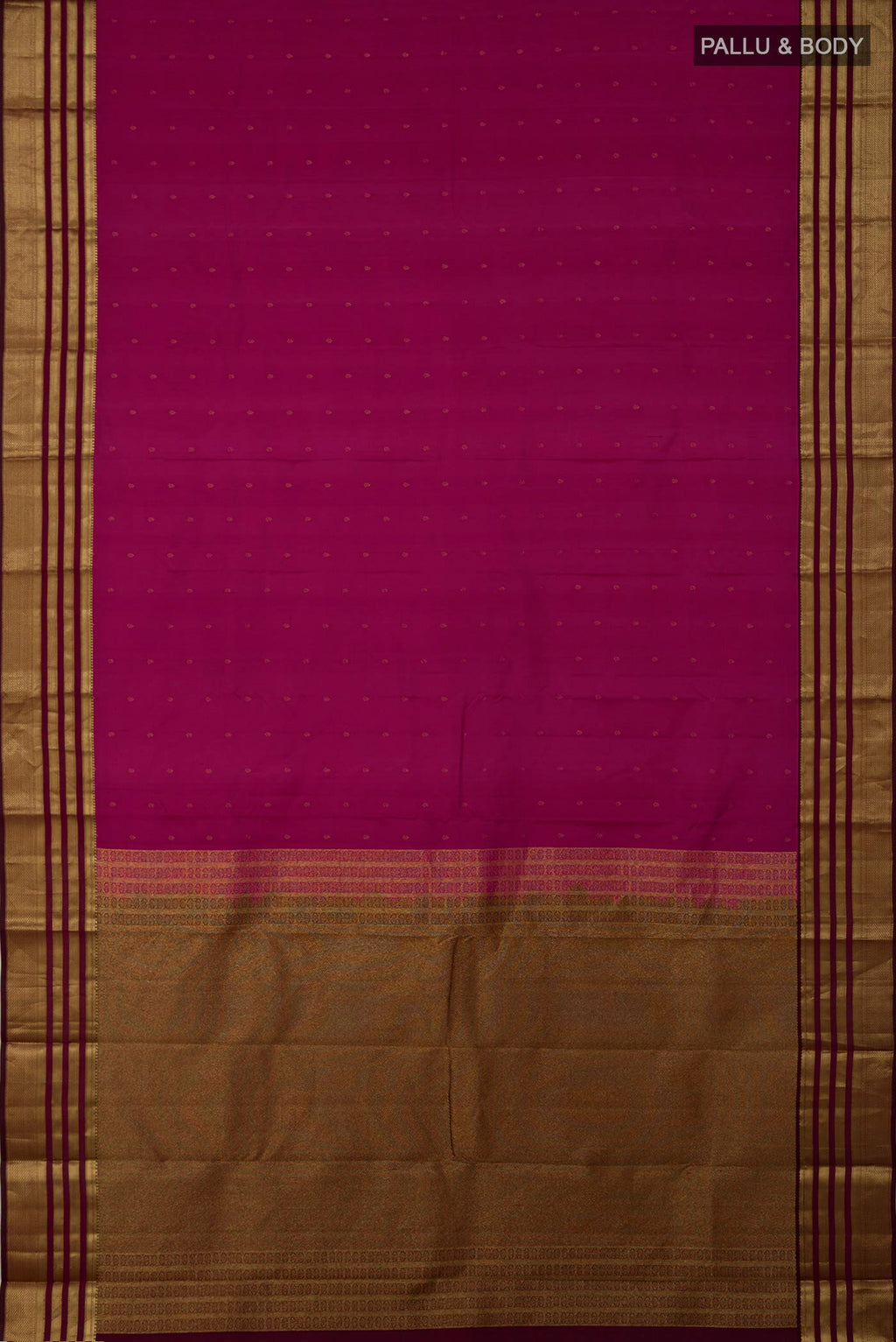 Flat view of Pink Kanchipuram Silk Saree with Zari Butta on the body and Zari Border. 
