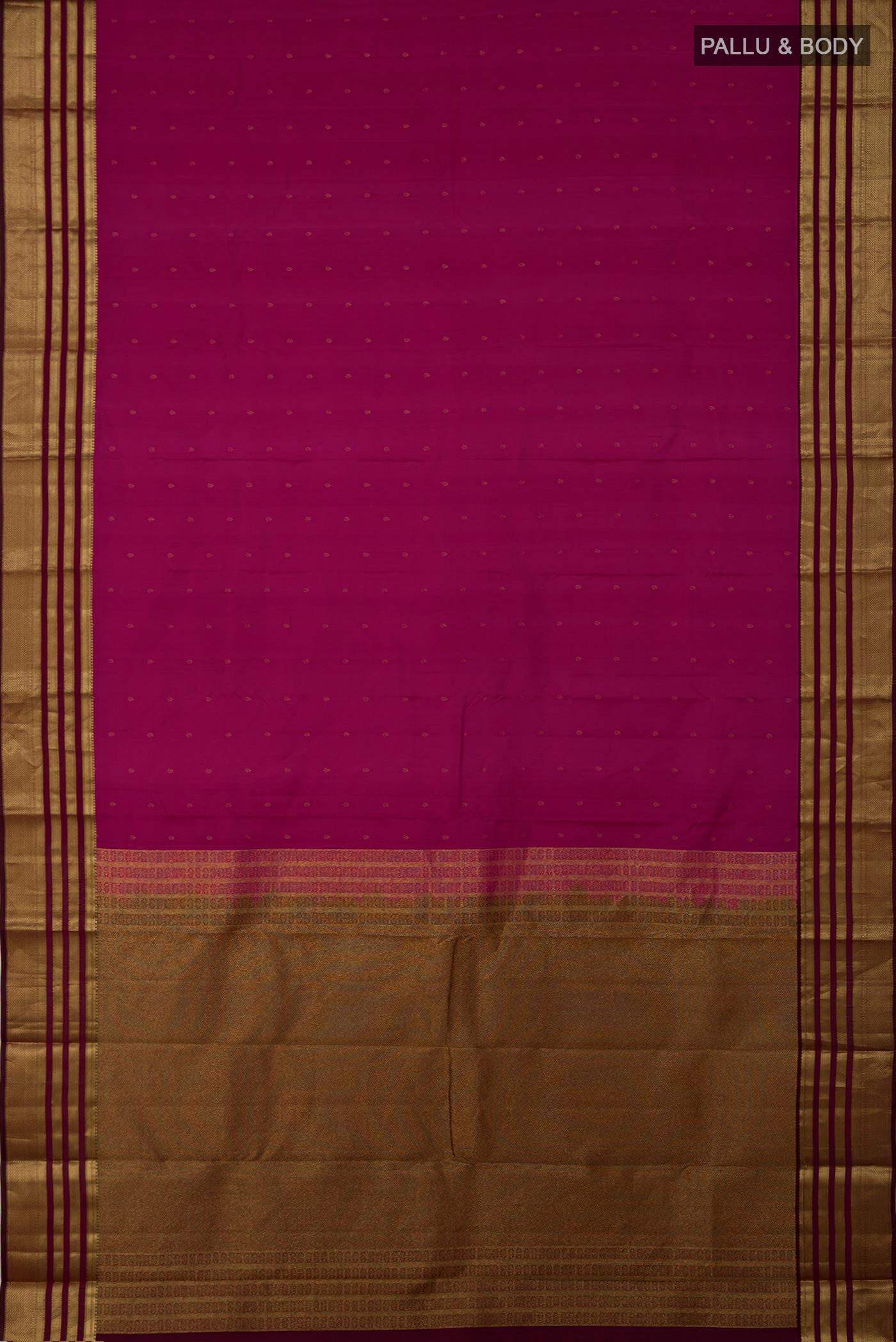 Flat view of Pink Kanchipuram Silk Saree with Zari Butta on the body and Zari Border. 