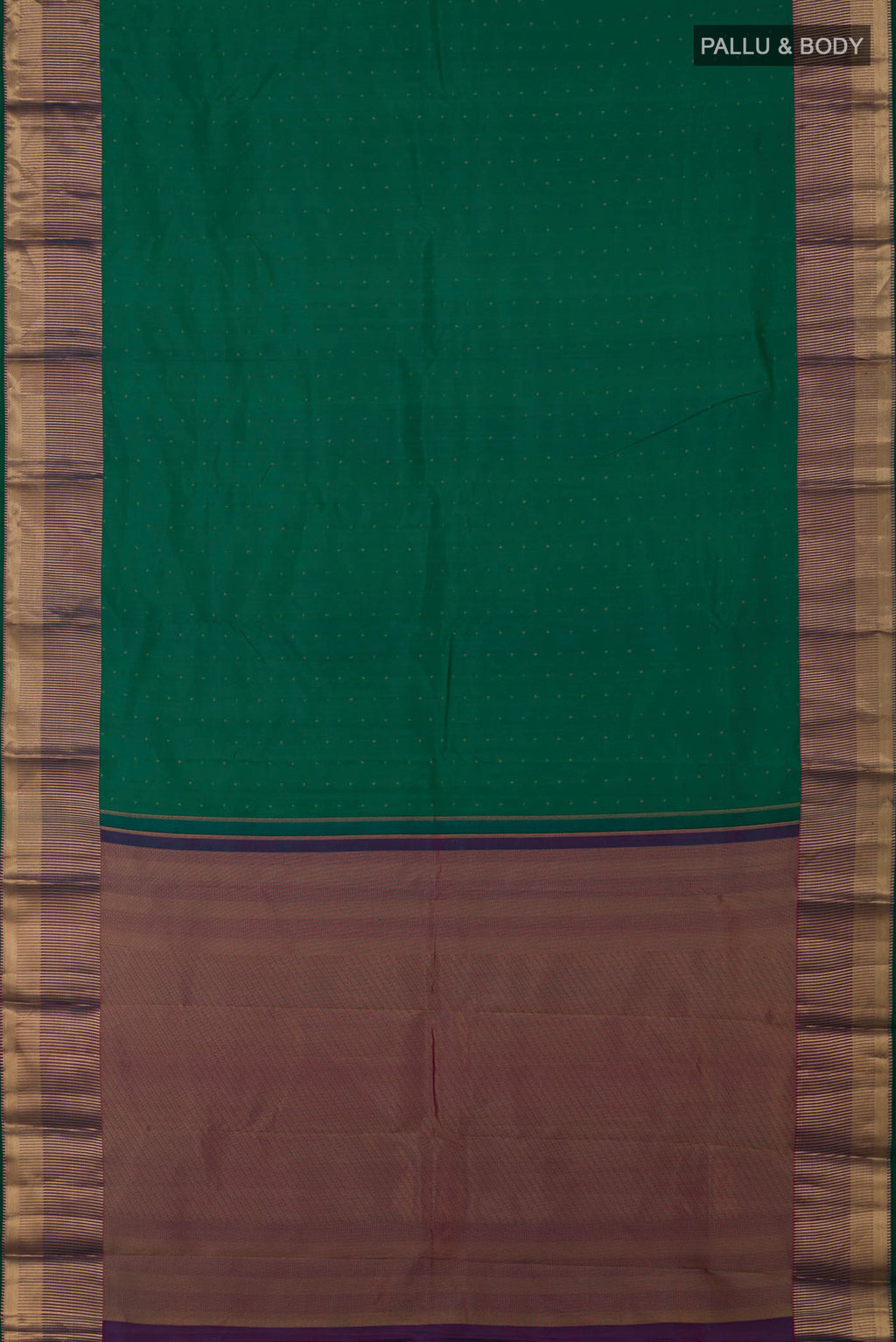 Flat view of Green Kanchipuram Silk Saree with Zari Butta on the body and Zari Border. 