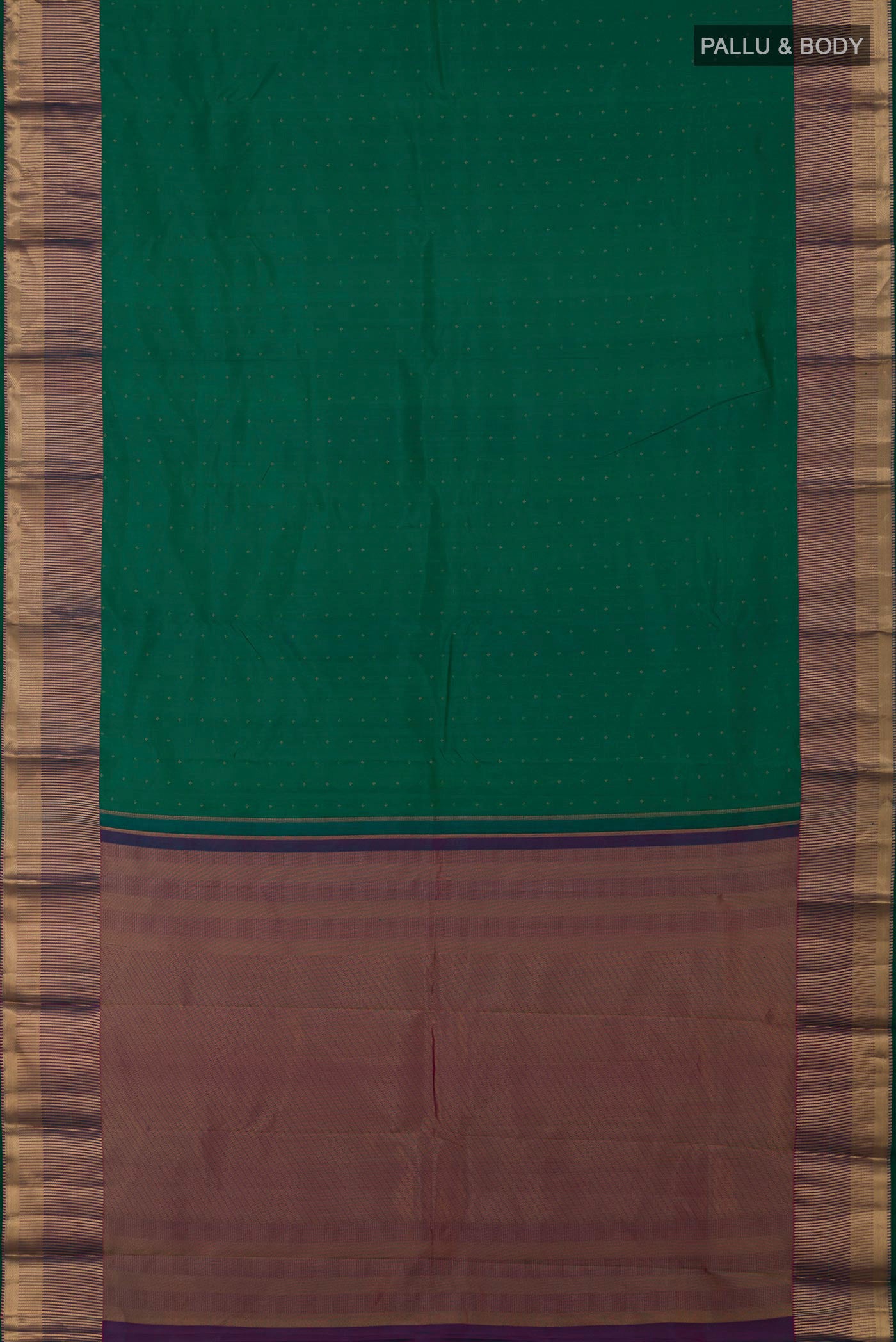 Flat view of Green Kanchipuram Silk Saree with Zari Butta on the body and Zari Border. 